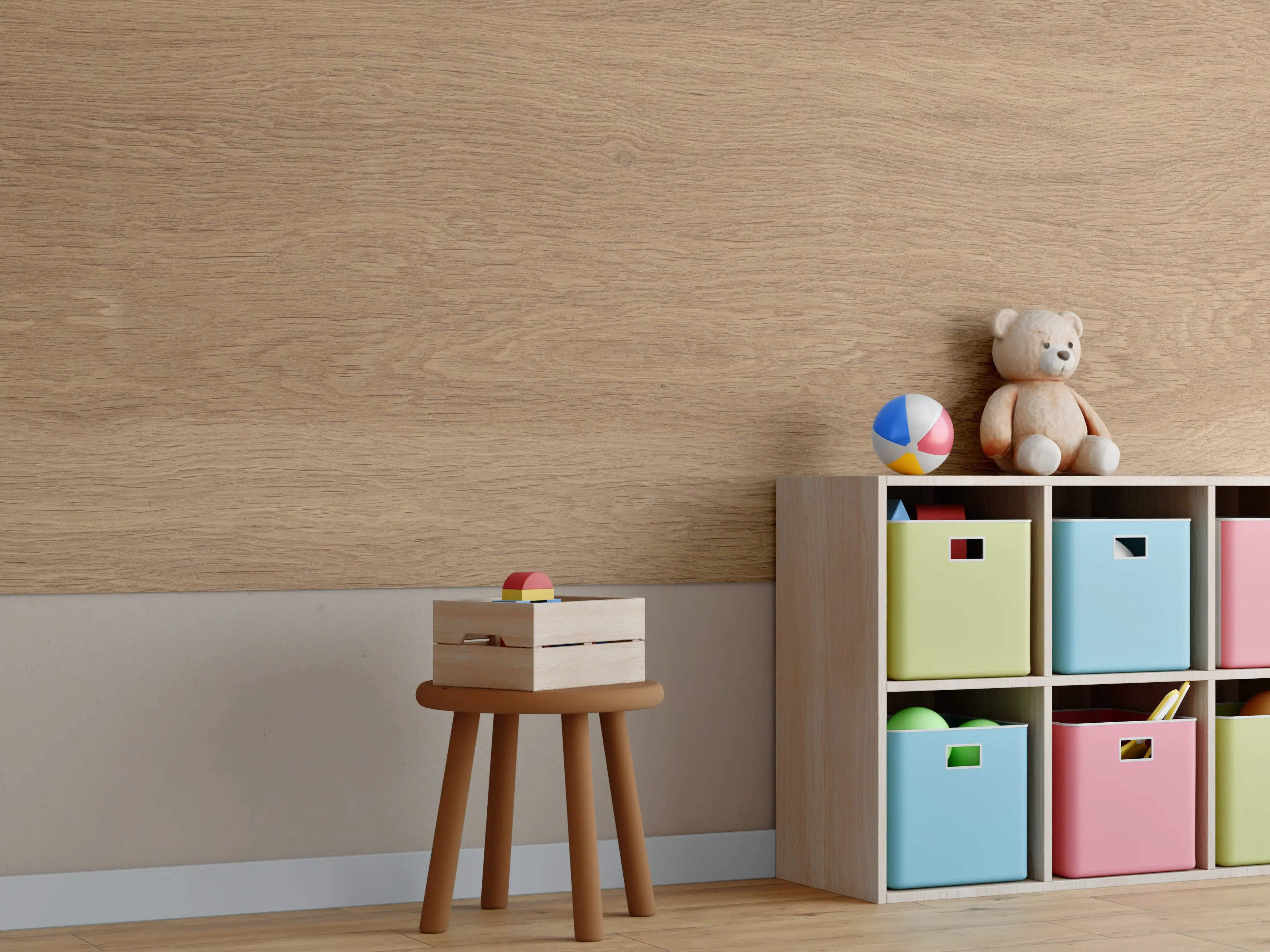 Kinderzimmer Wandgestaltung - Warme Holzmaserung mit Grauflair