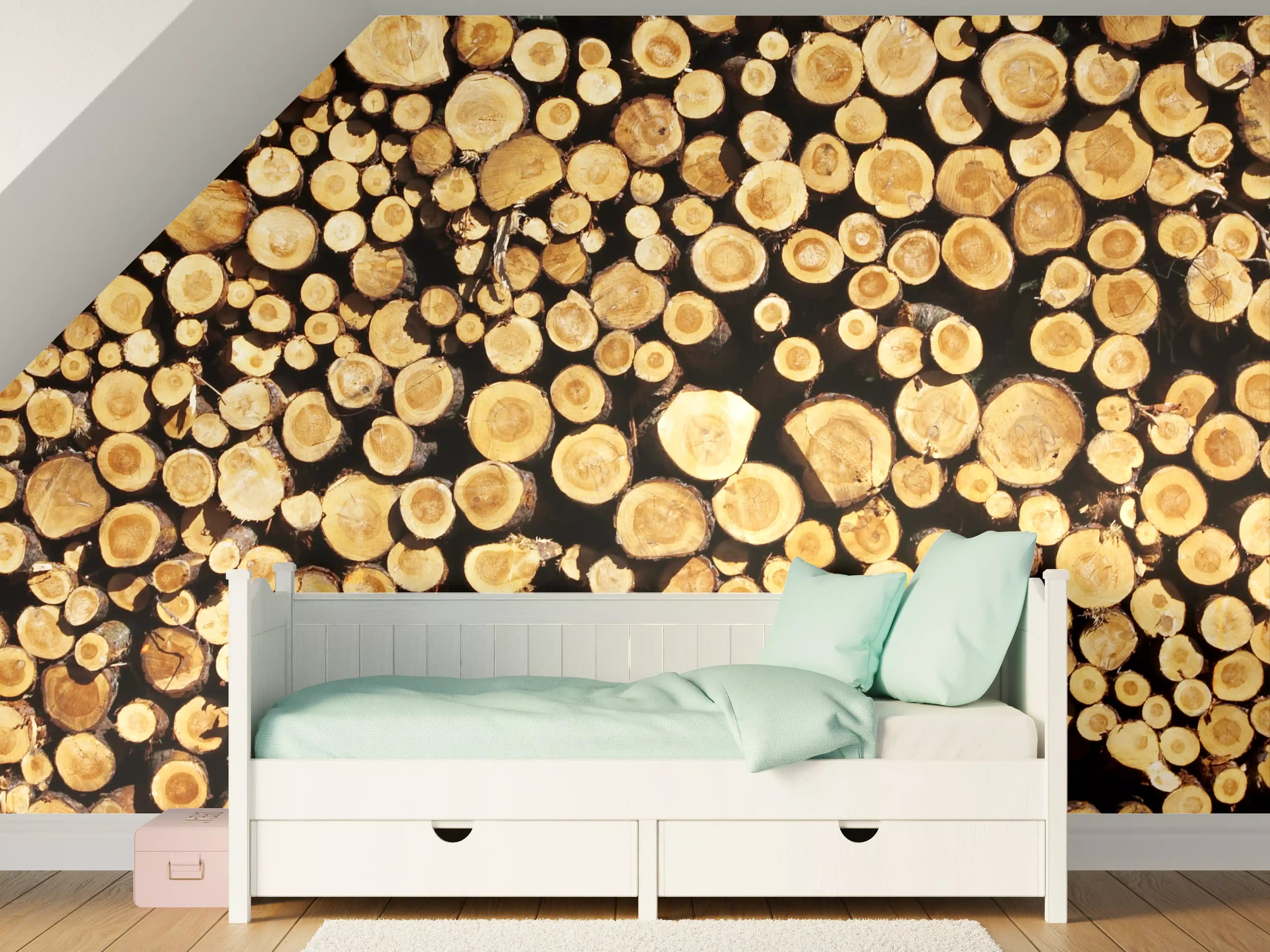 Kinderzimmer Wandgestaltung - Warme Holzstämme mit Grauschimmer