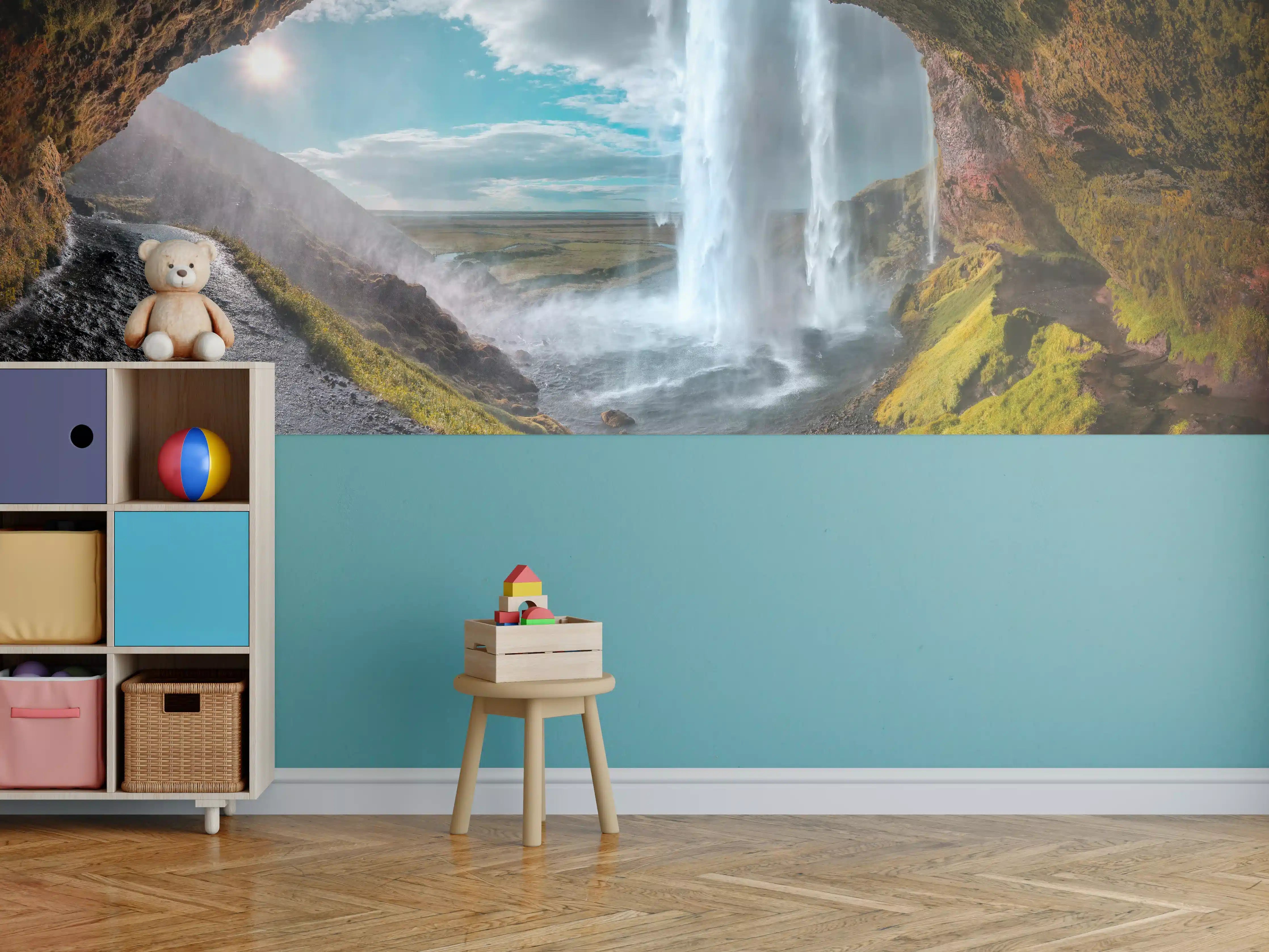 Kinderzimmer Wandgestaltung - Wasserfall durch Bergtunnel