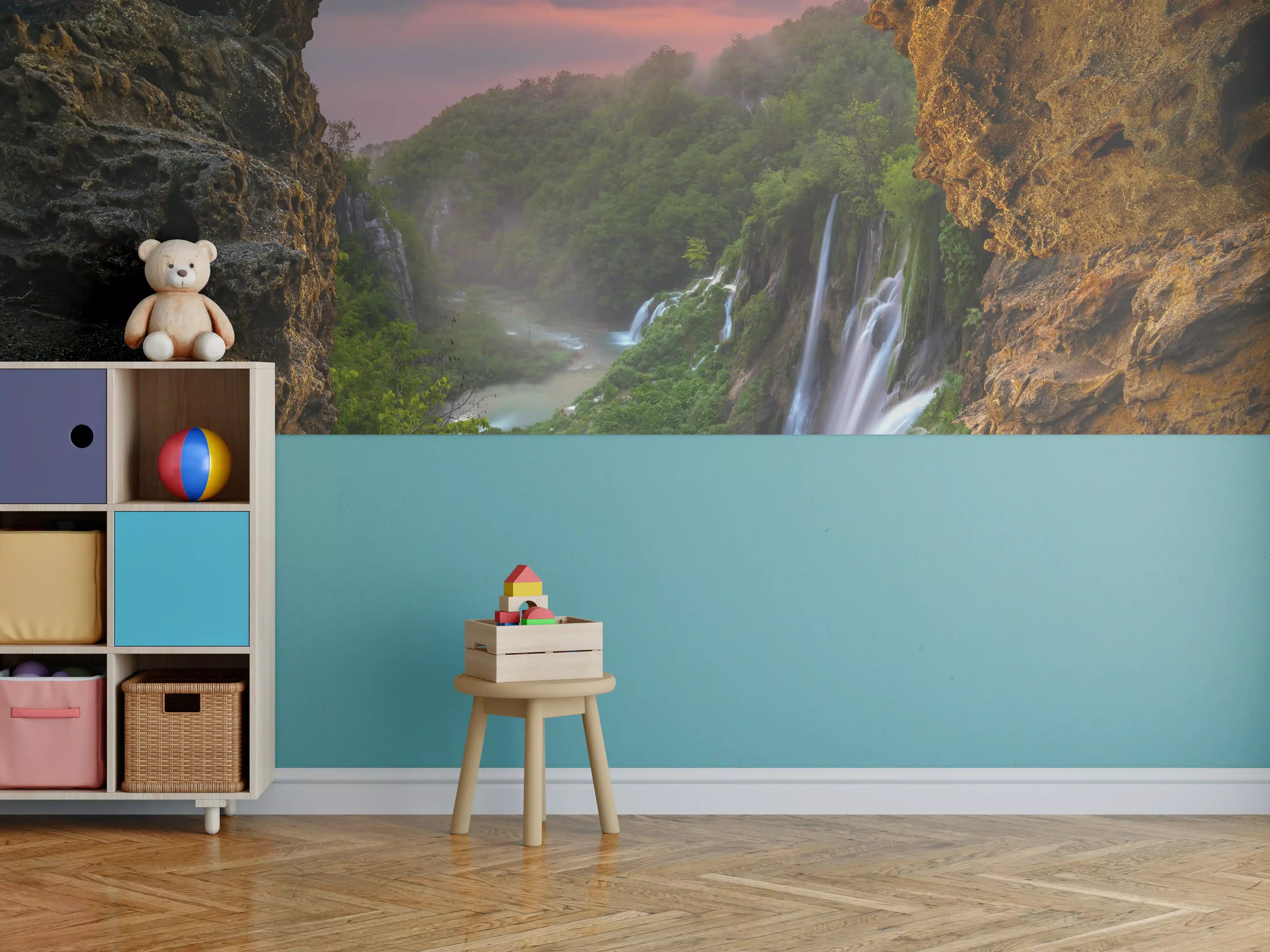 Kinderzimmer Wandgestaltung - Wasserfall im Nationalpark Plitvicer Seen bei Sonnenuntergang