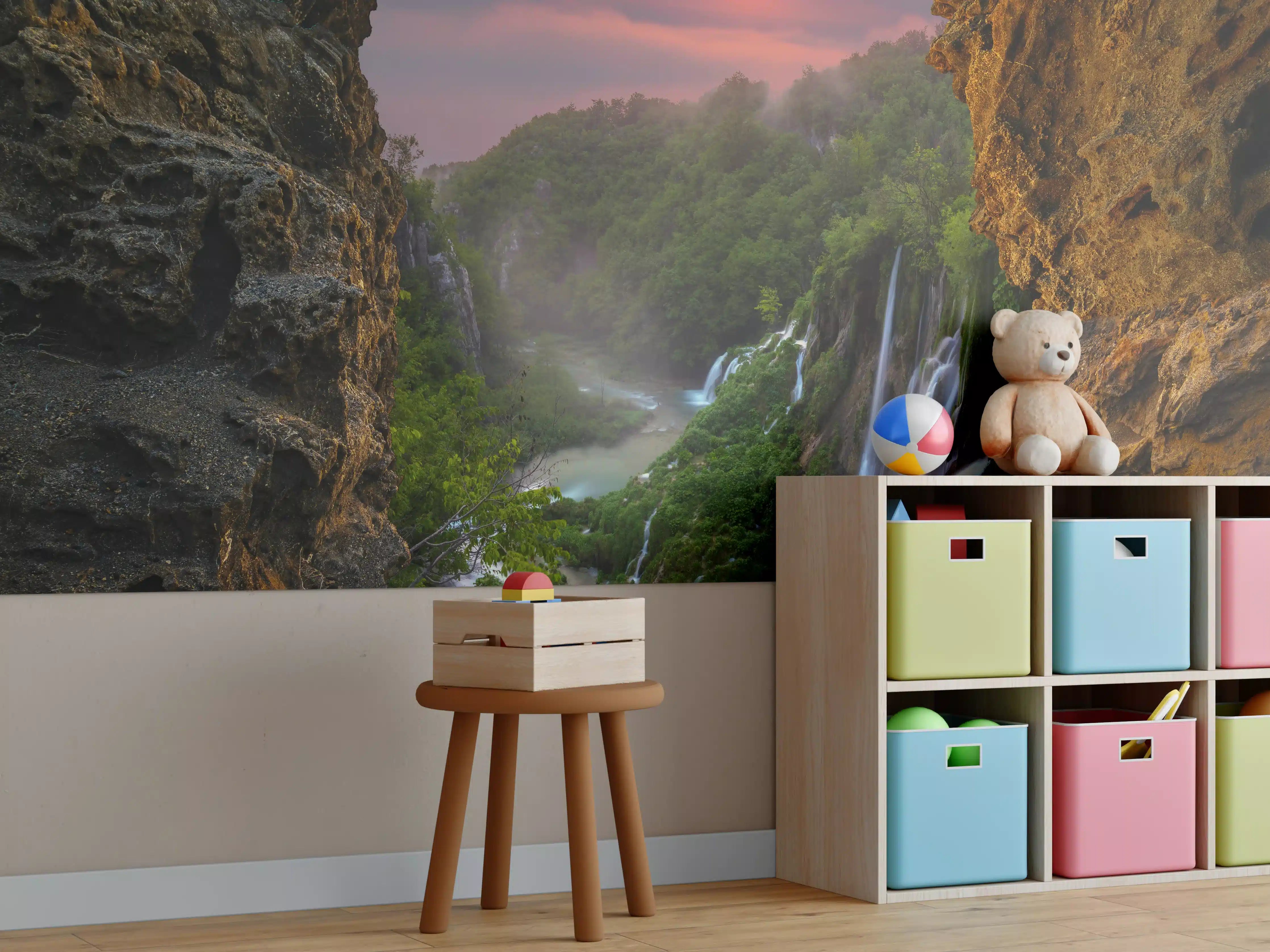 Kinderzimmer Wandgestaltung - Wasserfall im Nationalpark Plitvicer Seen bei Sonnenuntergang