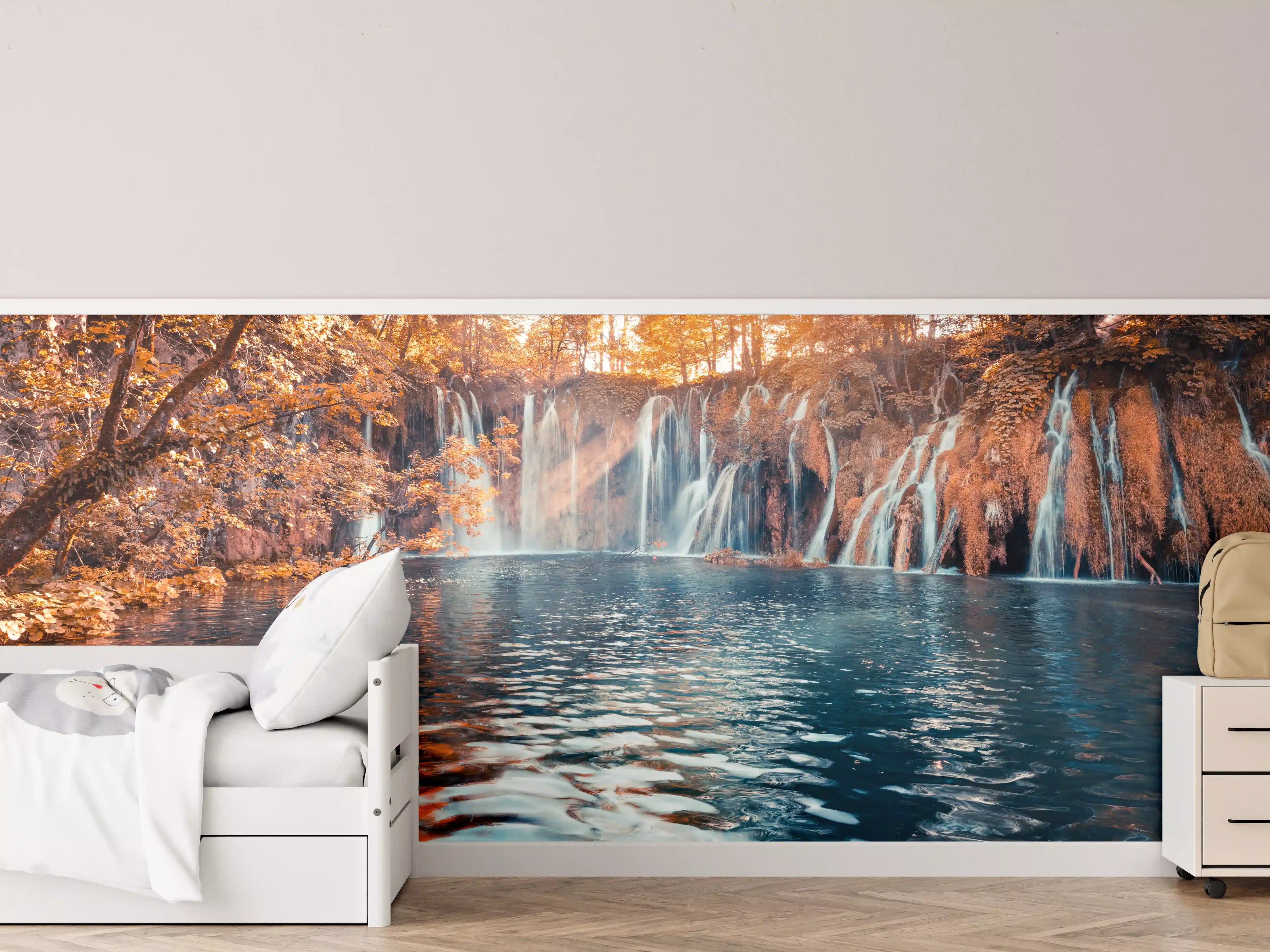 Kinderzimmer Wandgestaltung - Wasserfall in Plitvice Nation bei Sonnenaufgang