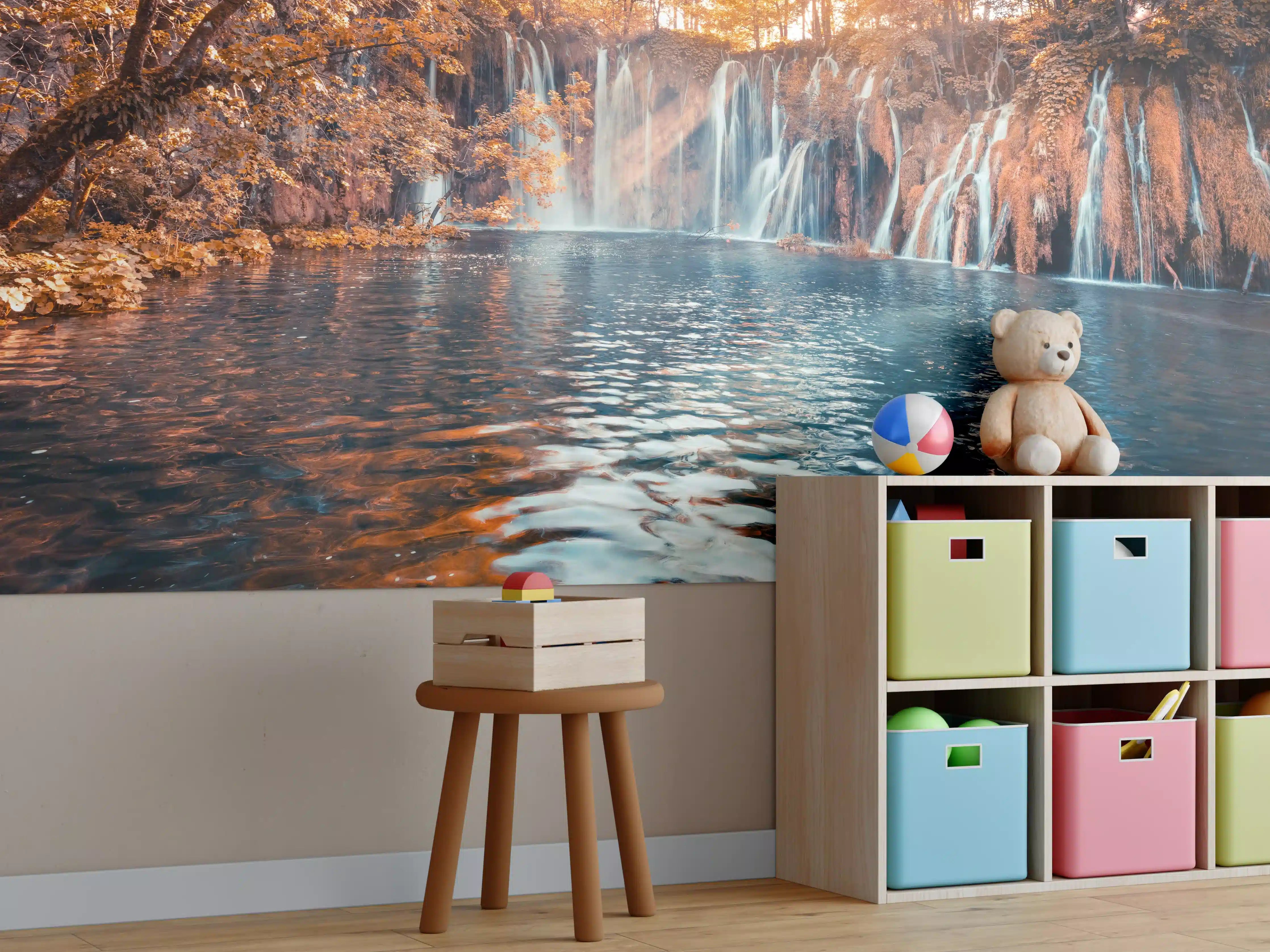 Kinderzimmer Wandgestaltung - Wasserfall in Plitvice Nation bei Sonnenaufgang
