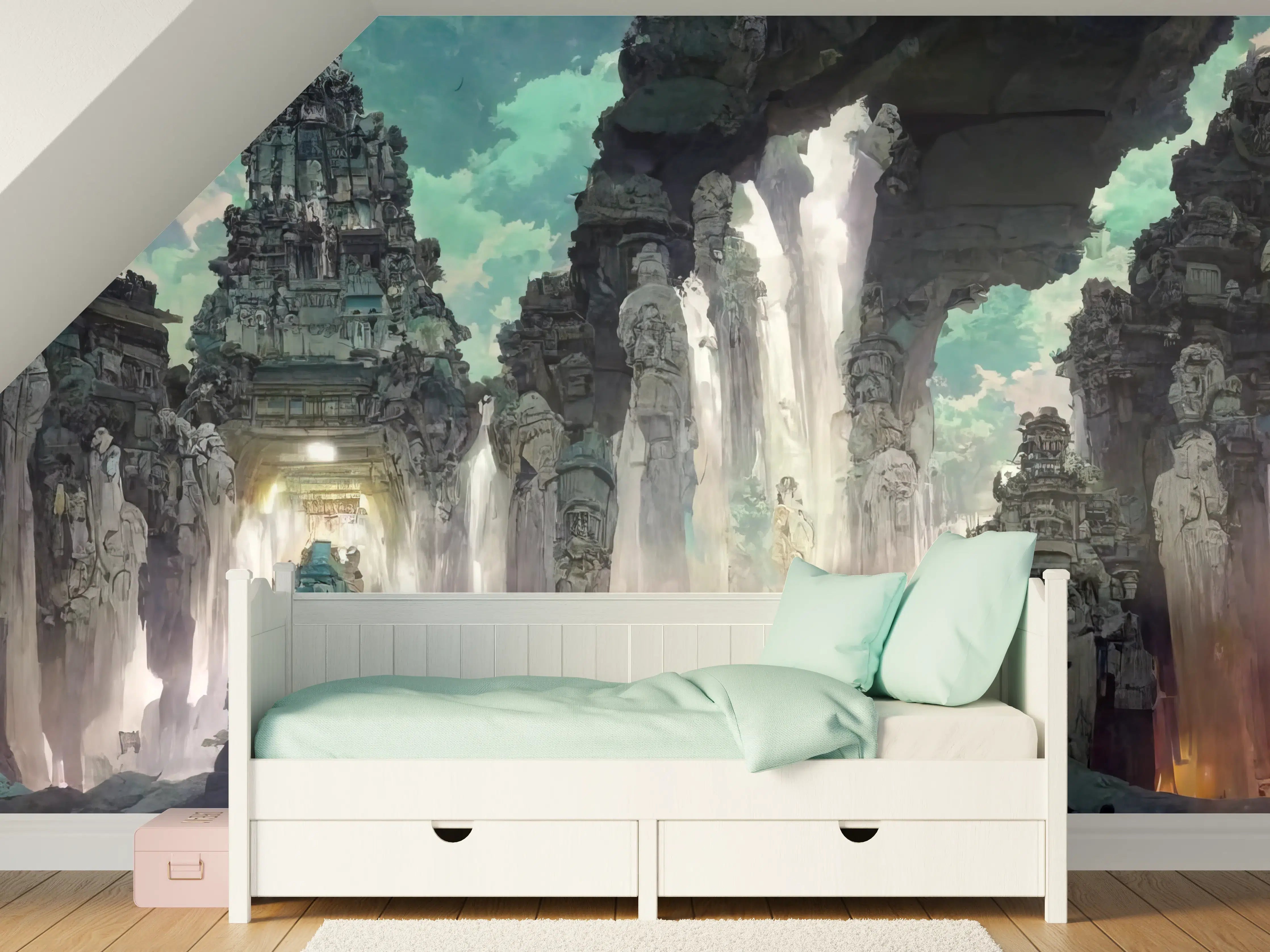 Kinderzimmer Wandgestaltung - Wasserfall in einer Höhle - Zeichnung