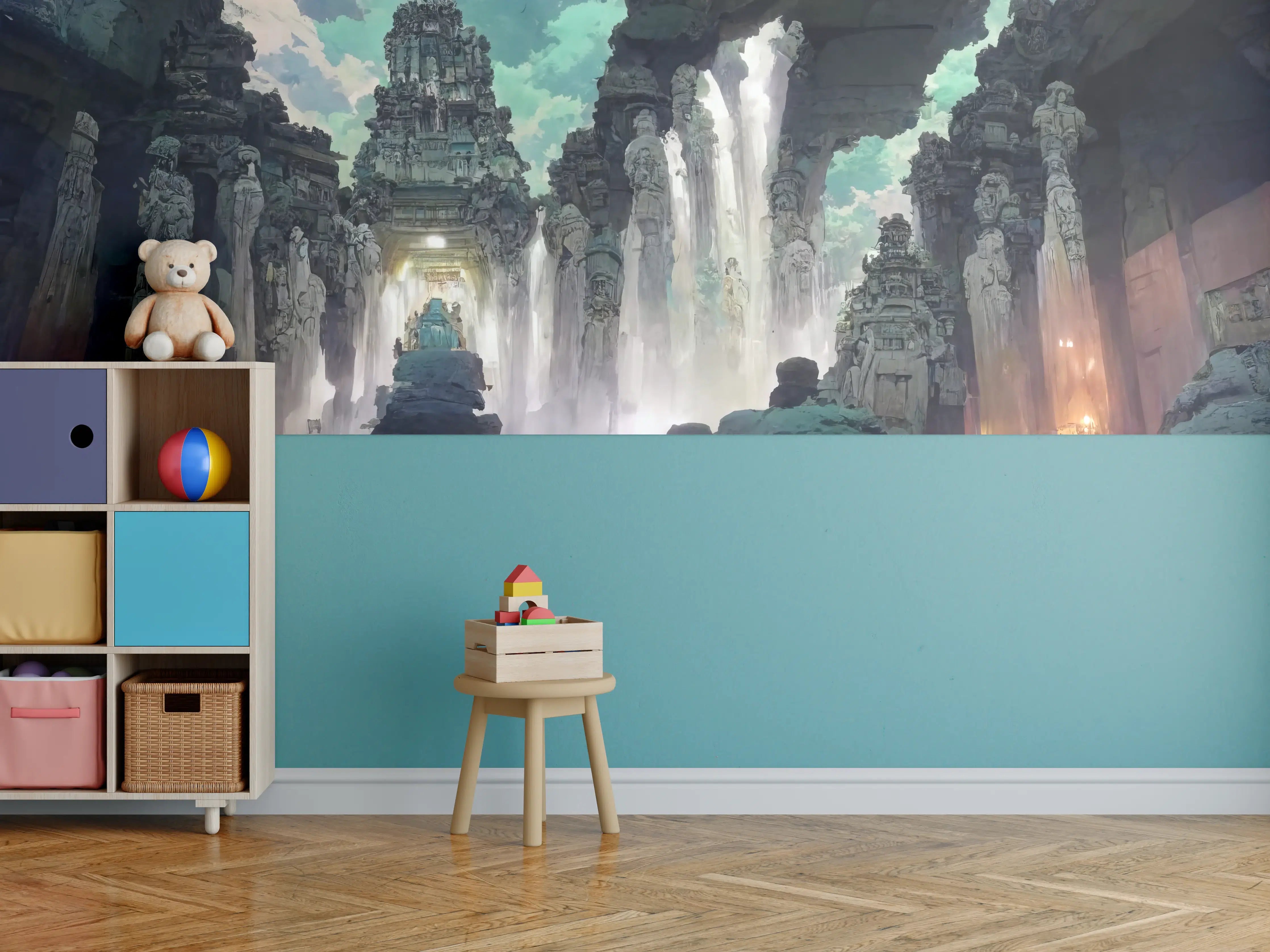 Kinderzimmer Wandgestaltung - Wasserfall in einer Höhle - Zeichnung