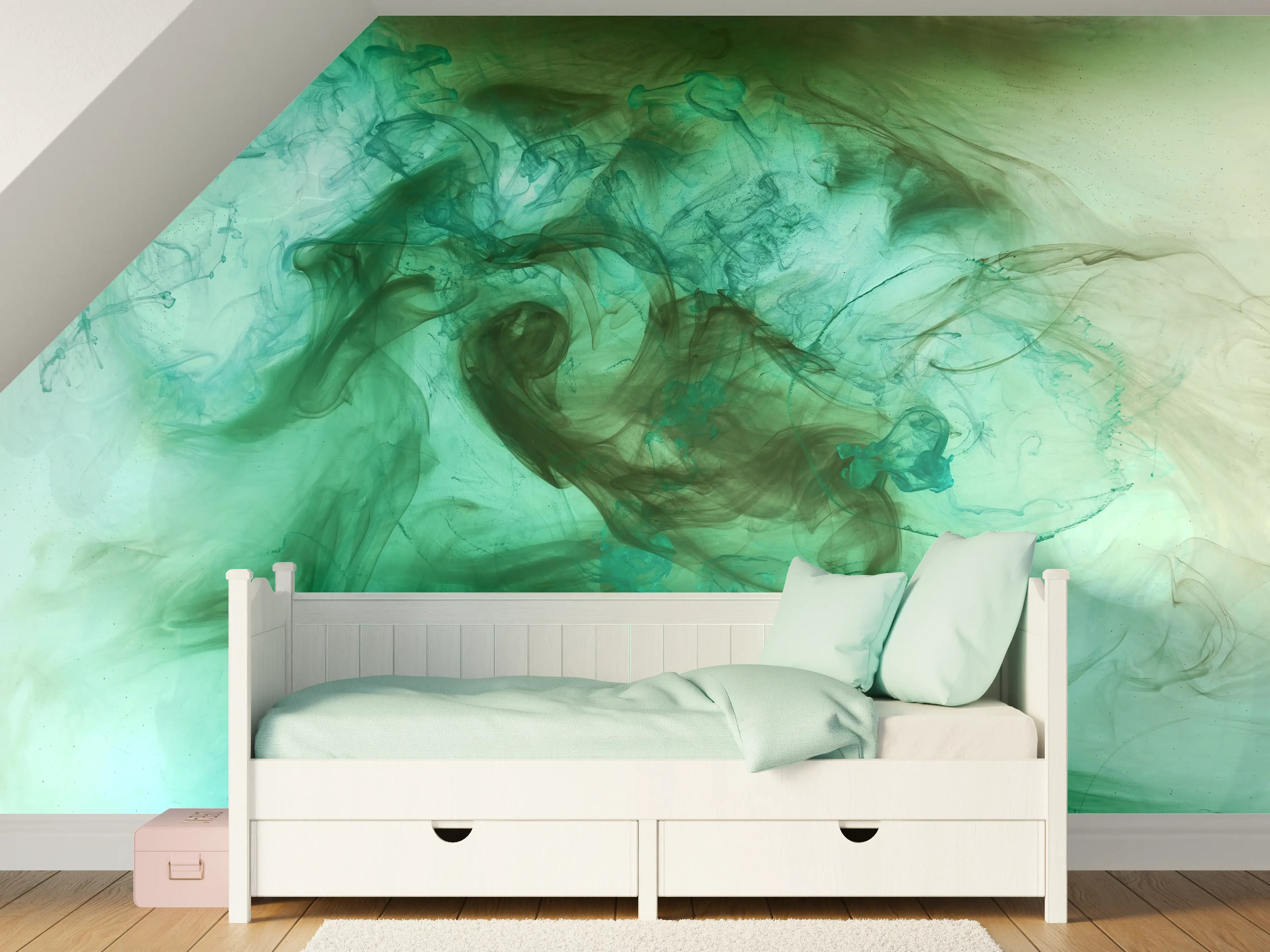 Kinderzimmer Wandgestaltung - Wasserfarben-Fluidkunst in Grüntönen