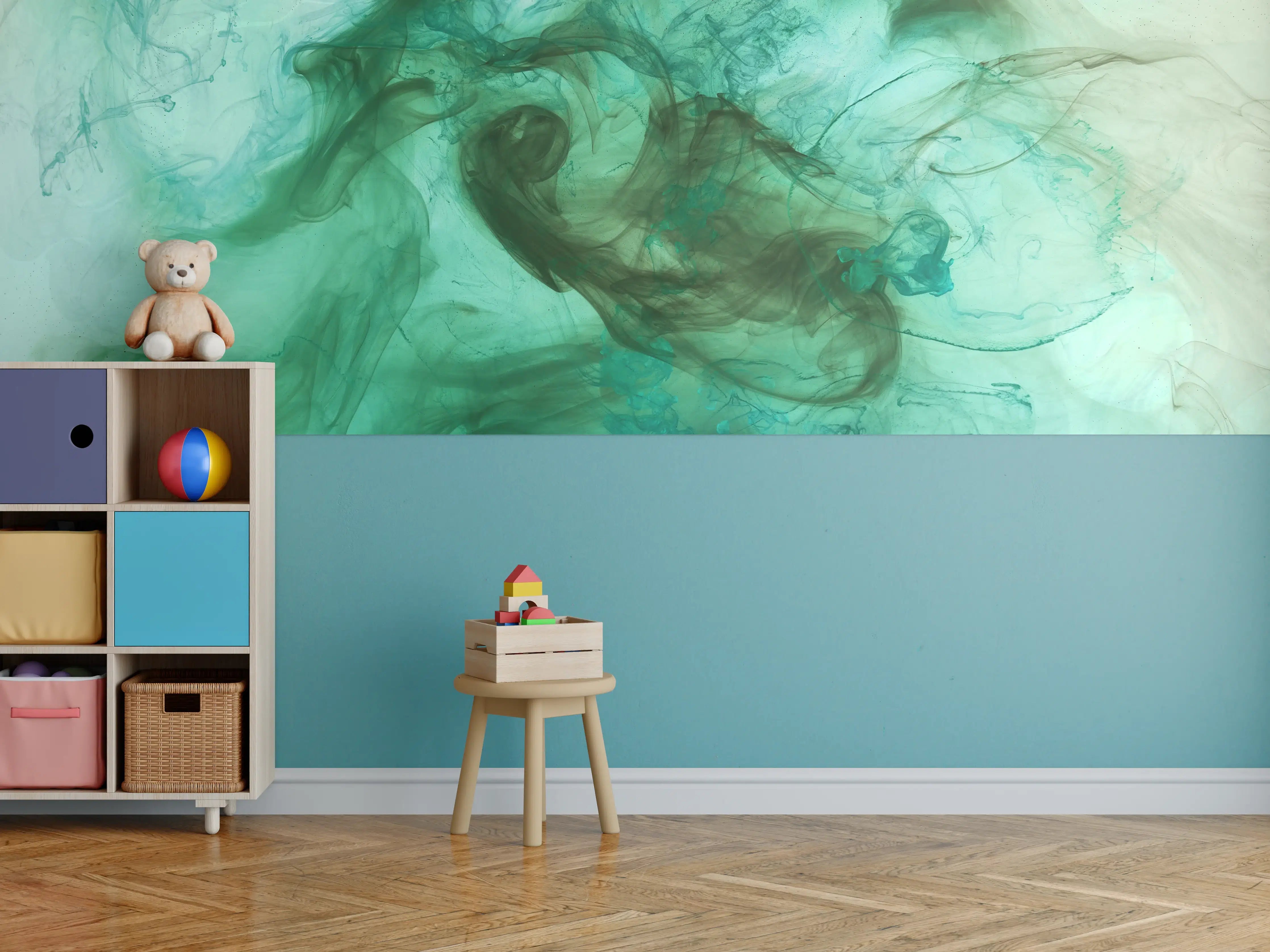 Kinderzimmer Wandgestaltung - Wasserfarben-Fluidkunst in Grüntönen