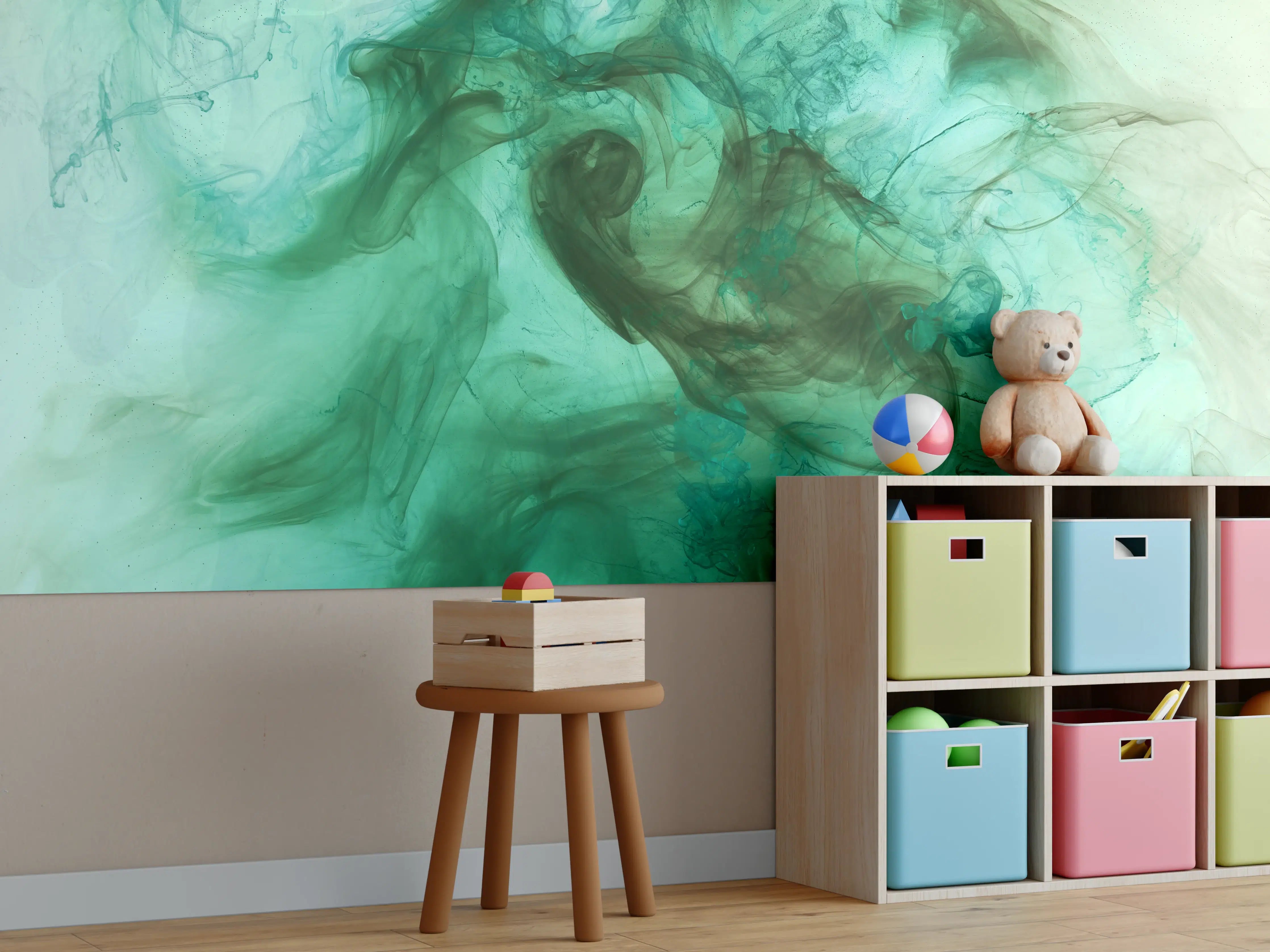 Kinderzimmer Wandgestaltung - Wasserfarben-Fluidkunst in Grüntönen