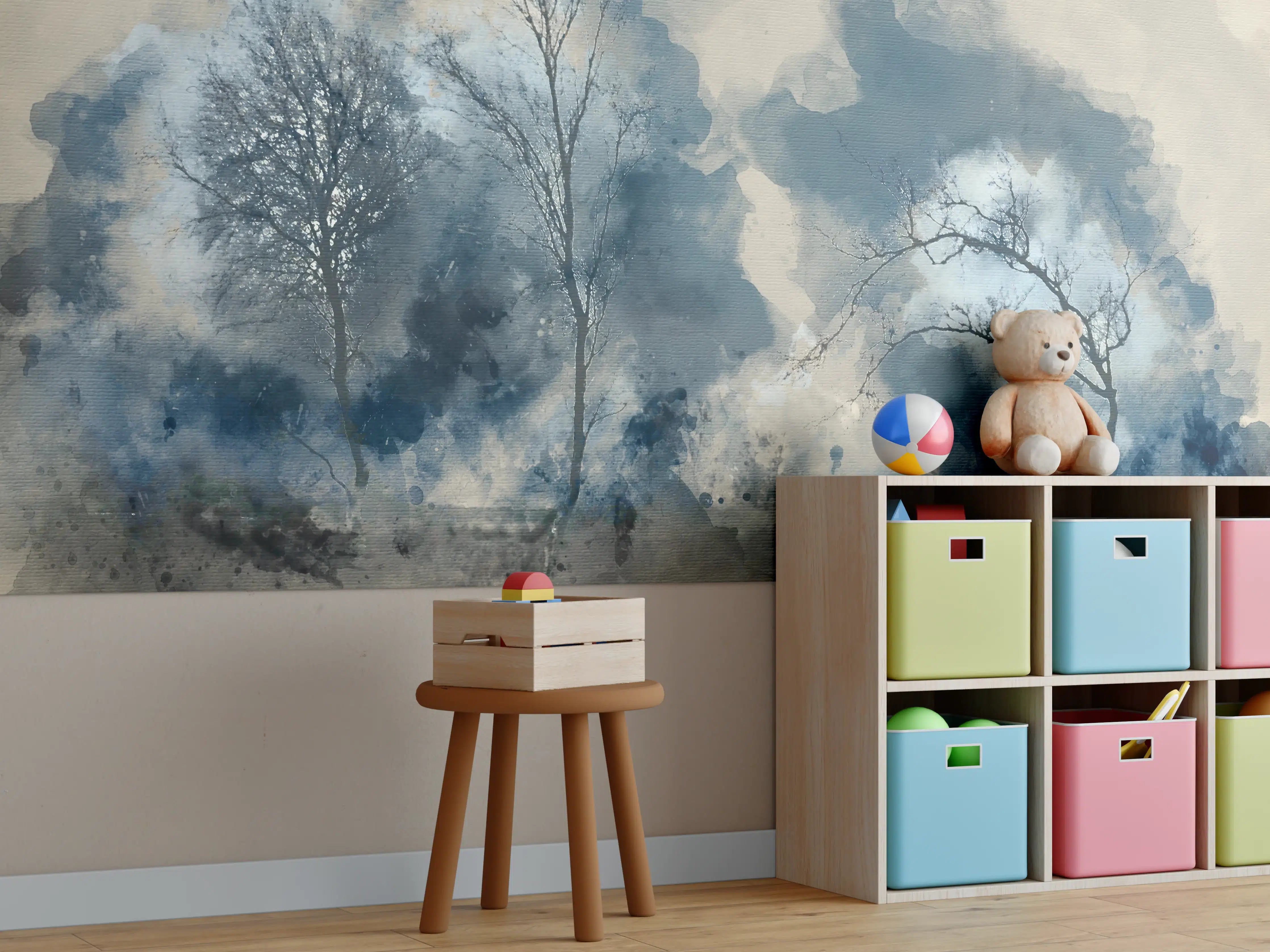 Kinderzimmer Wandgestaltung - Wasserfarben-Landschaft mit Bäumen in Blau- und Grautönen