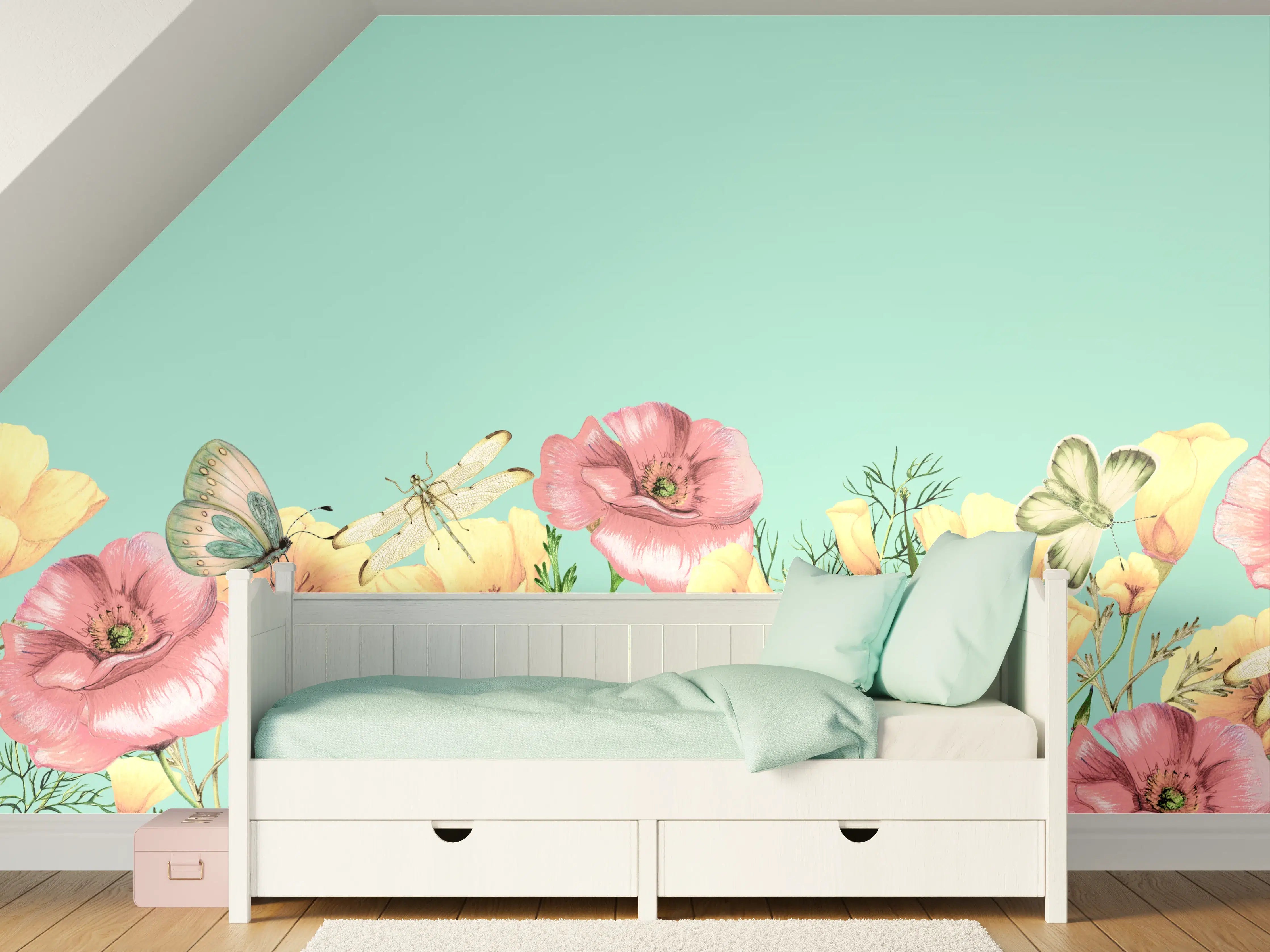 Kinderzimmer Wandgestaltung - Weiche Blumen und Schmetterlinge auf pastellblauem Hintergrund