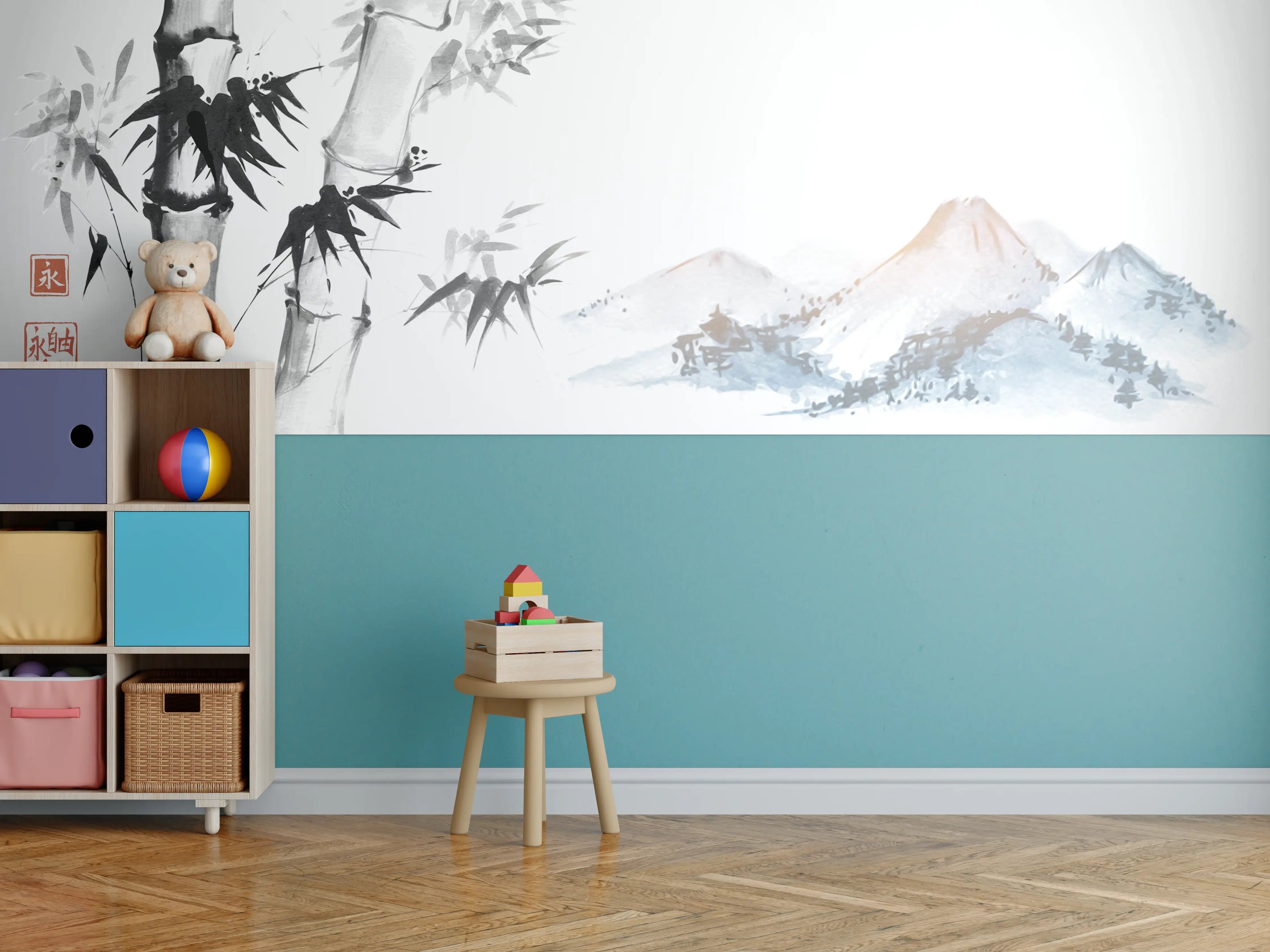 Kinderzimmer Wandgestaltung - Weiß-Blau Bambus Bergmalerei