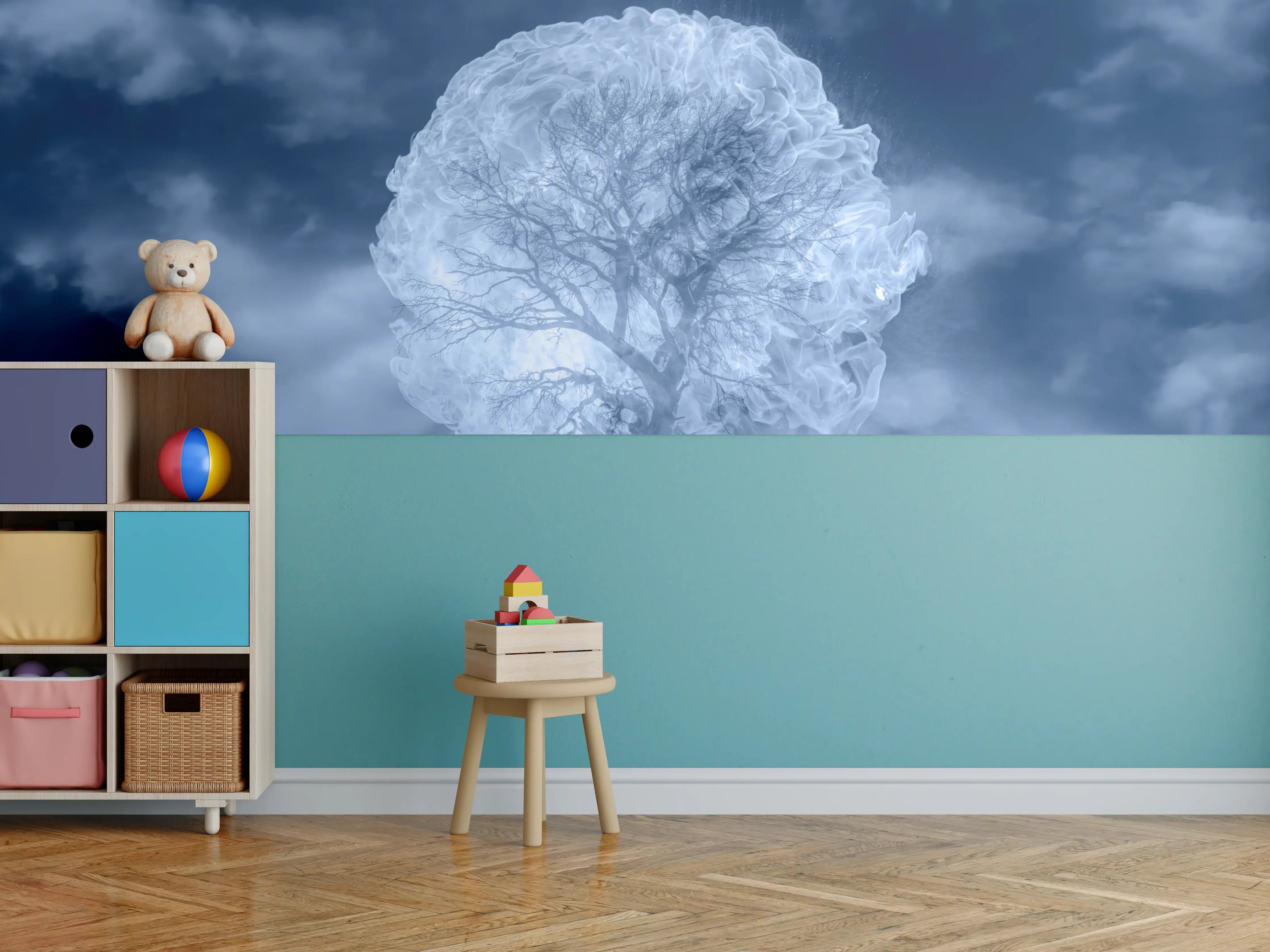 Kinderzimmer Wandgestaltung - Weiß-Blauer Feuerbaum Himmel