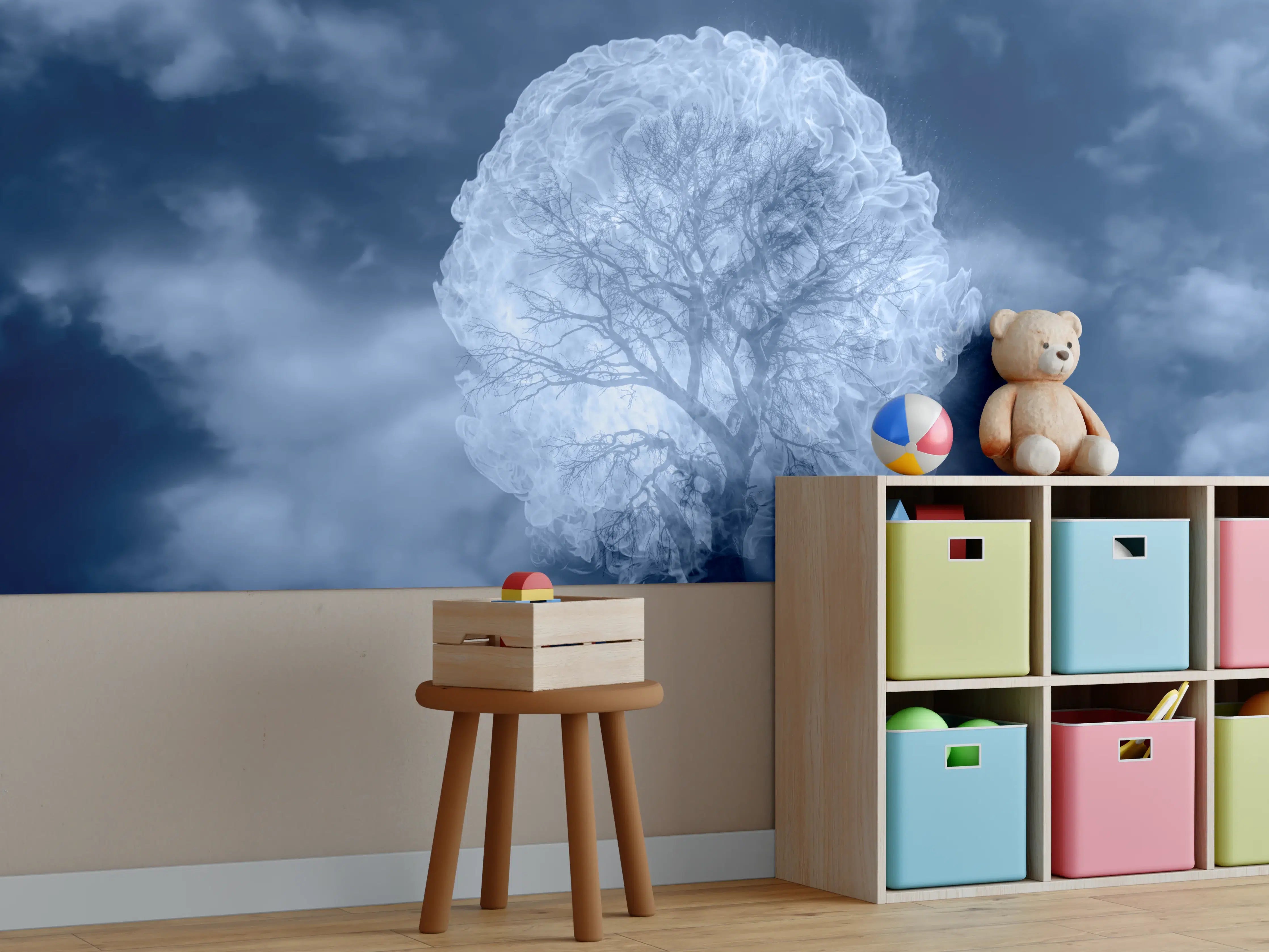 Kinderzimmer Wandgestaltung - Weiß-Blauer Feuerbaum Himmel