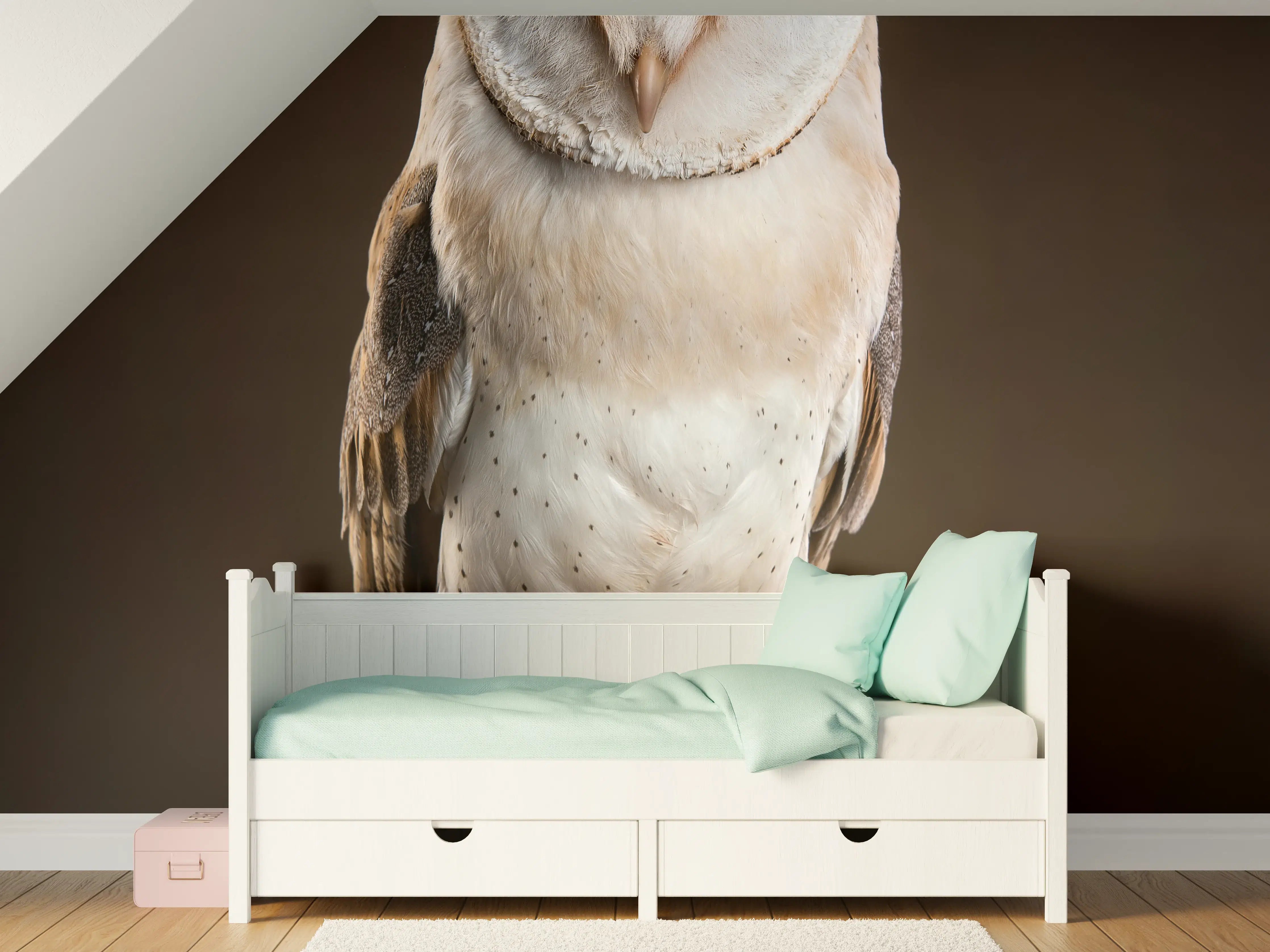 Kinderzimmer Wandgestaltung - Weiß-Brauner Waldkauz auf Ast