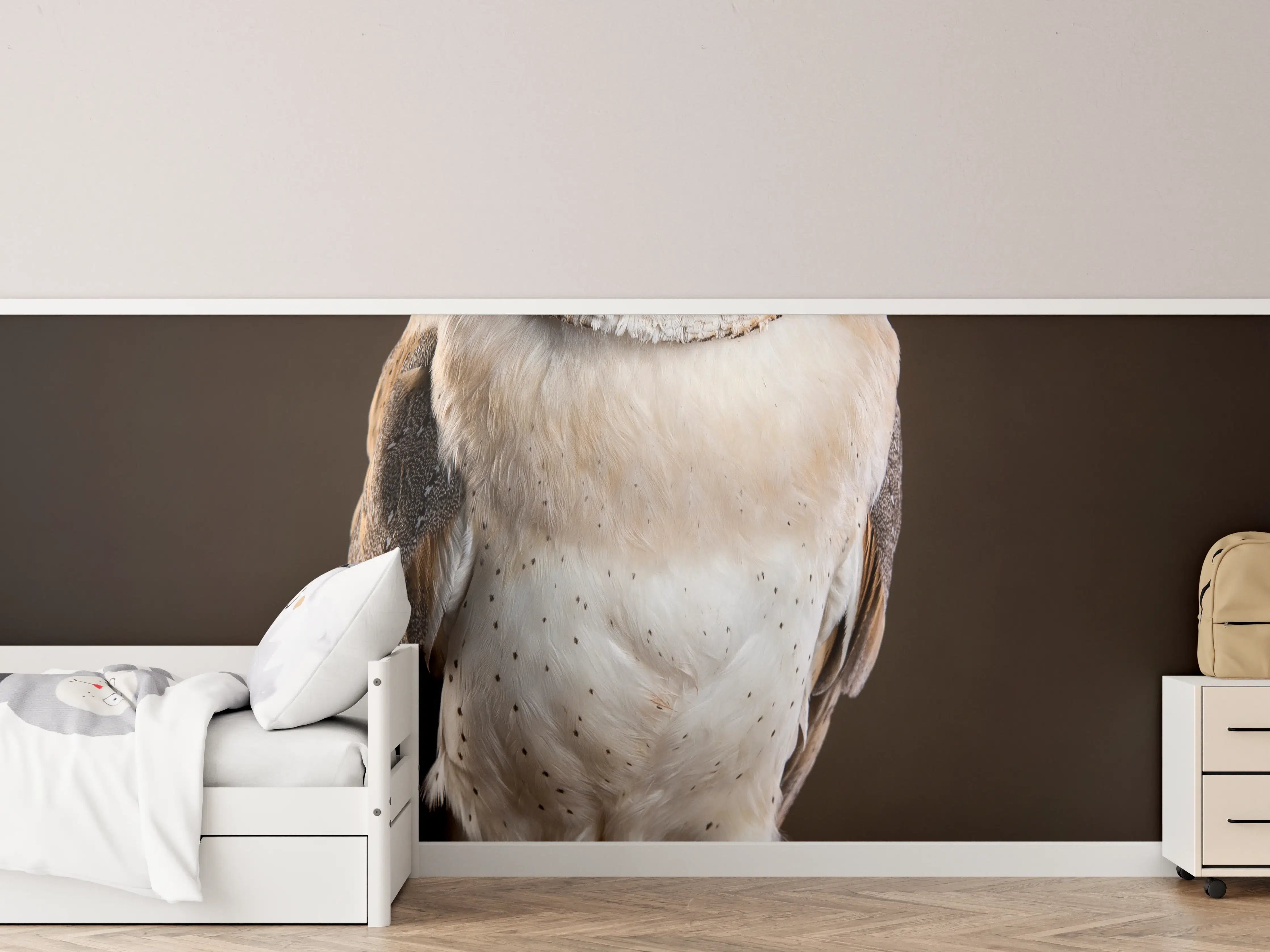 Kinderzimmer Wandgestaltung - Weiß-Brauner Waldkauz auf Ast