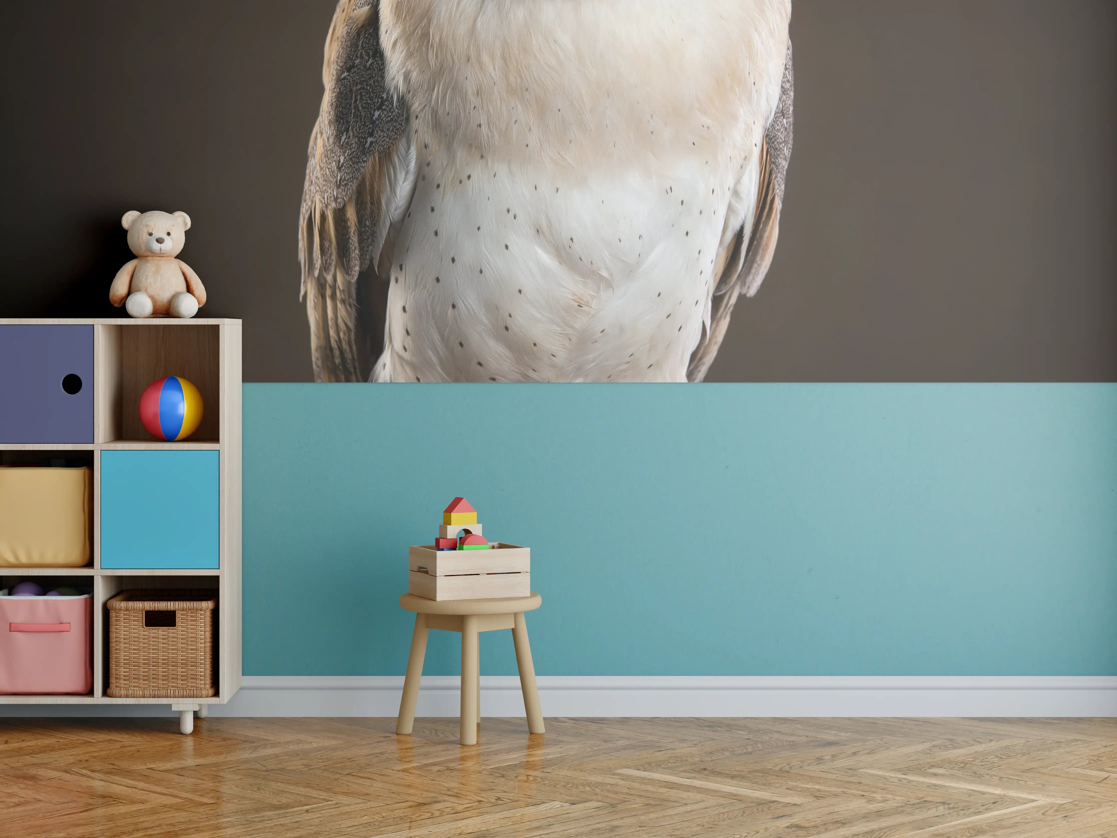 Kinderzimmer Wandgestaltung - Weiß-Brauner Waldkauz auf Ast