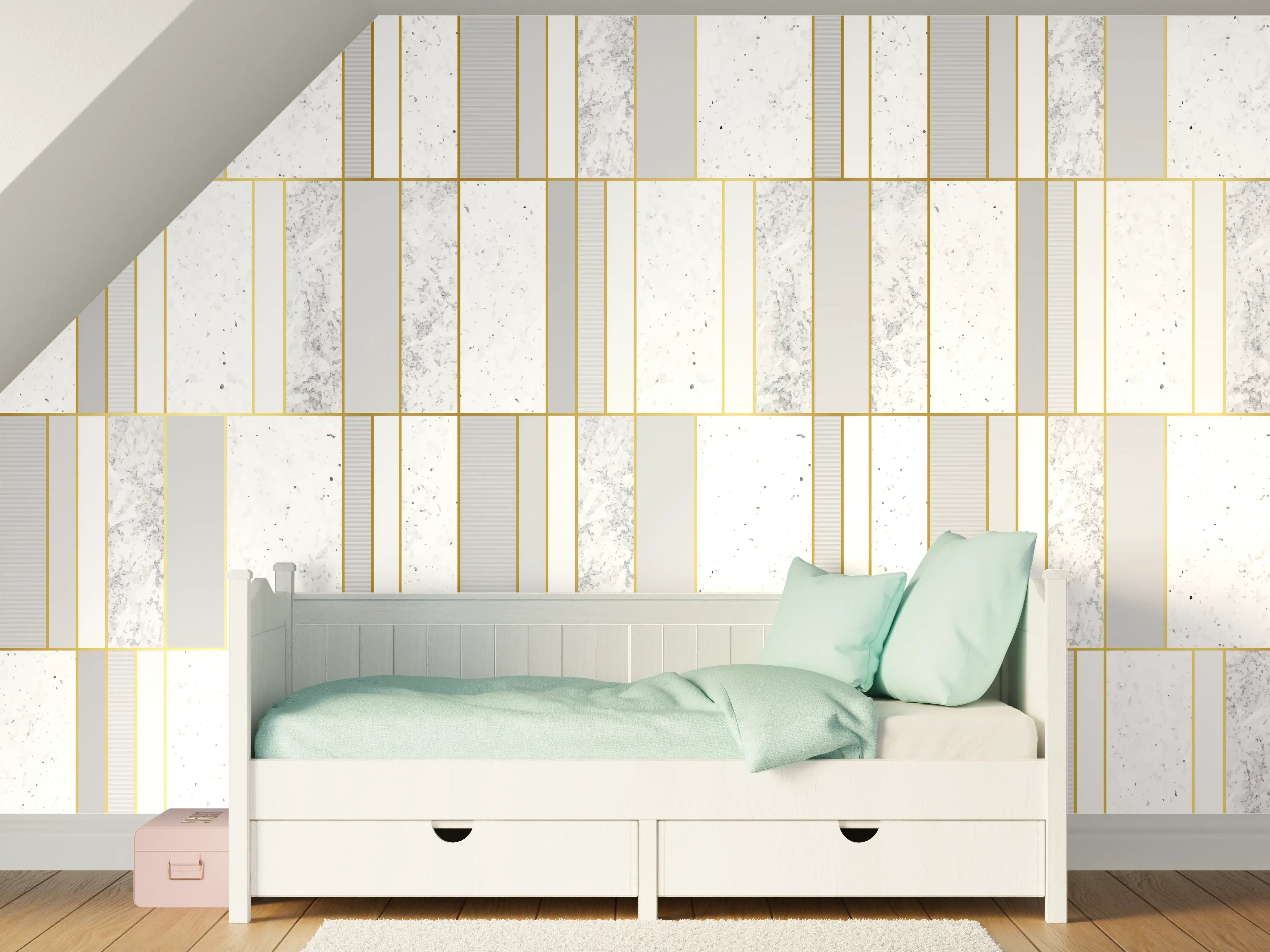 Kinderzimmer Wandgestaltung - Weiß-Goldene Marmoroptik Fliese
