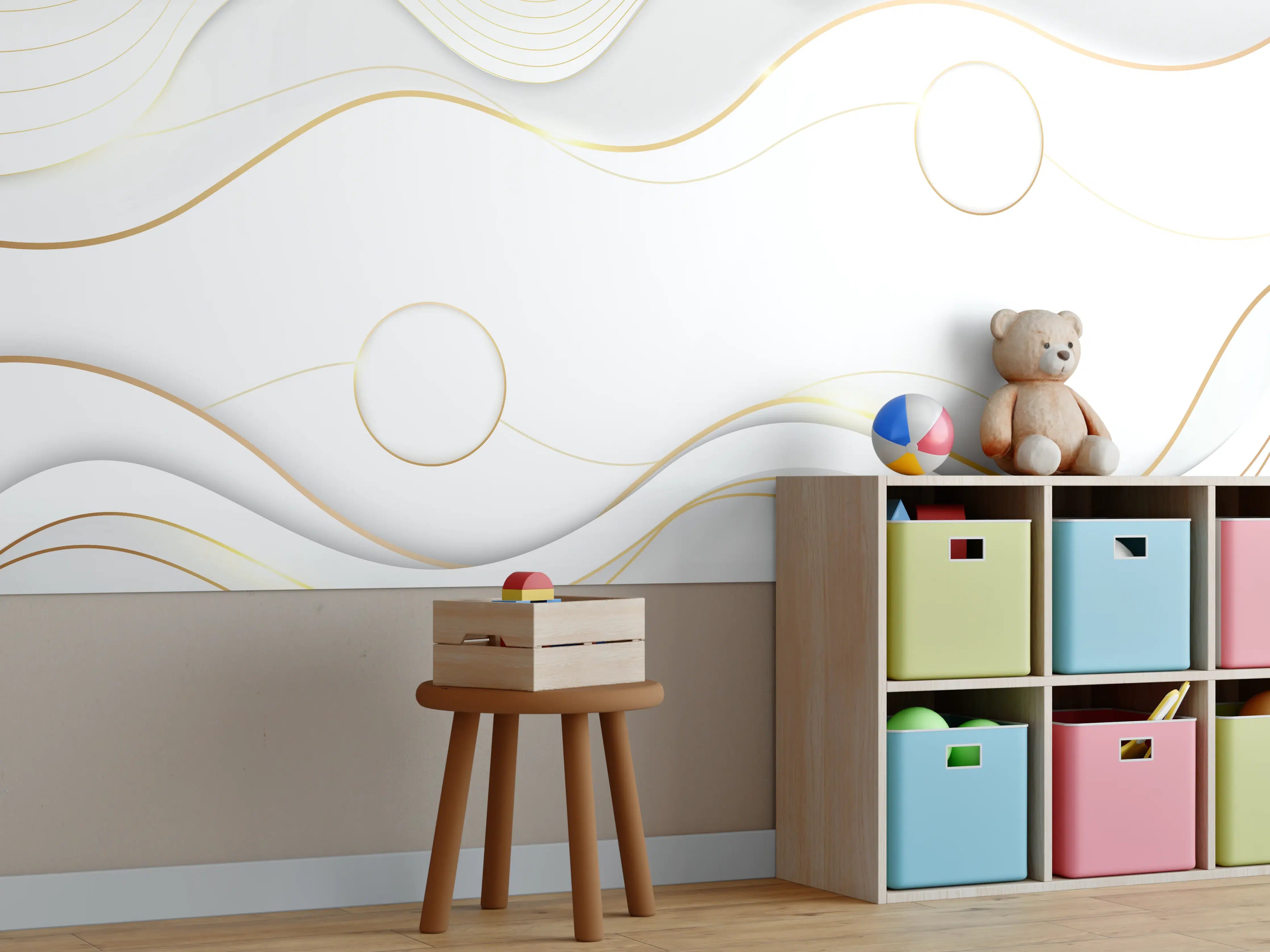 Kinderzimmer Wandgestaltung - Weiß-Goldene Wellen Grafik