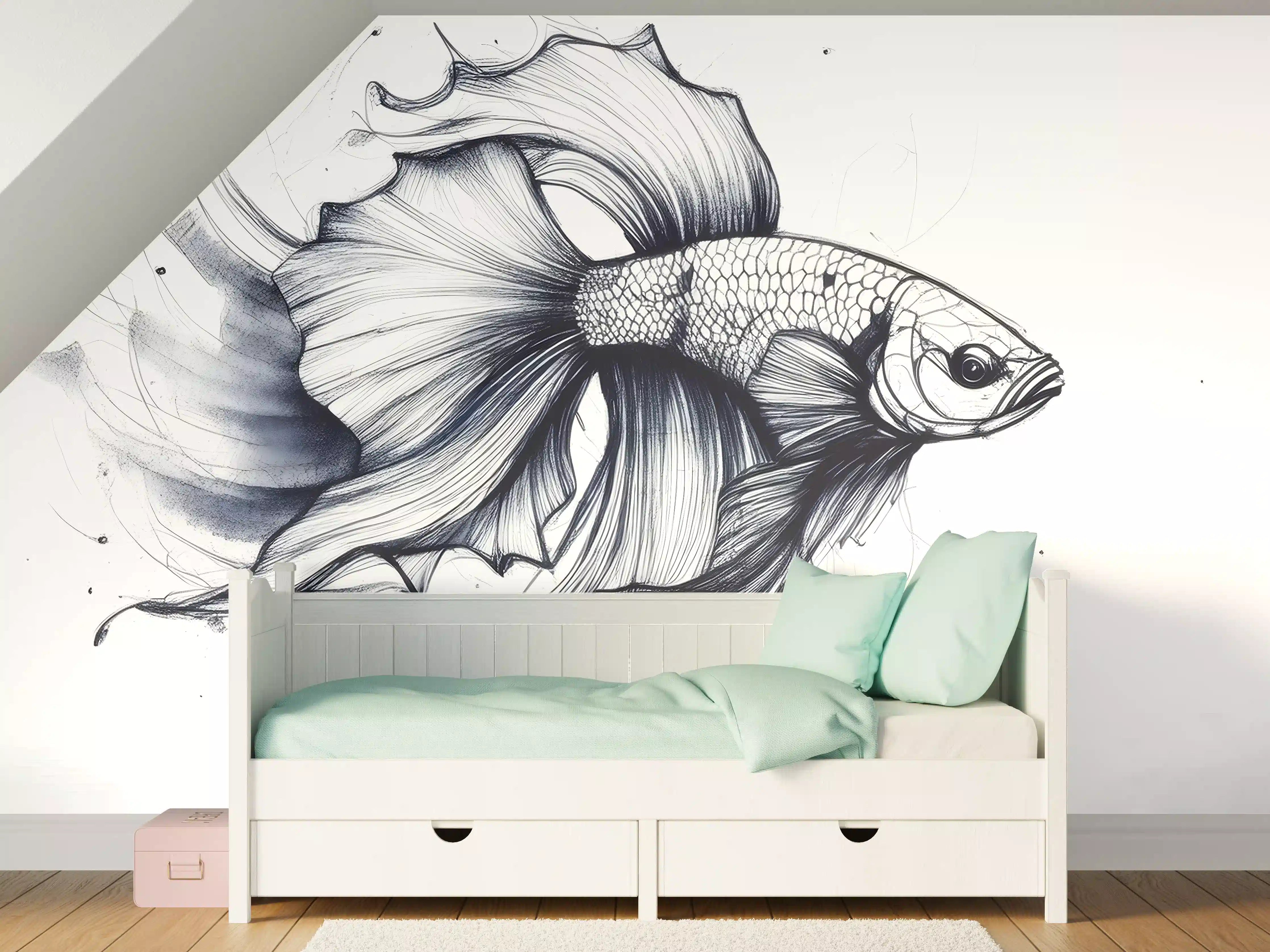 Kinderzimmer Wandgestaltung - Weiß-Grau Betta-Fisch Illustration