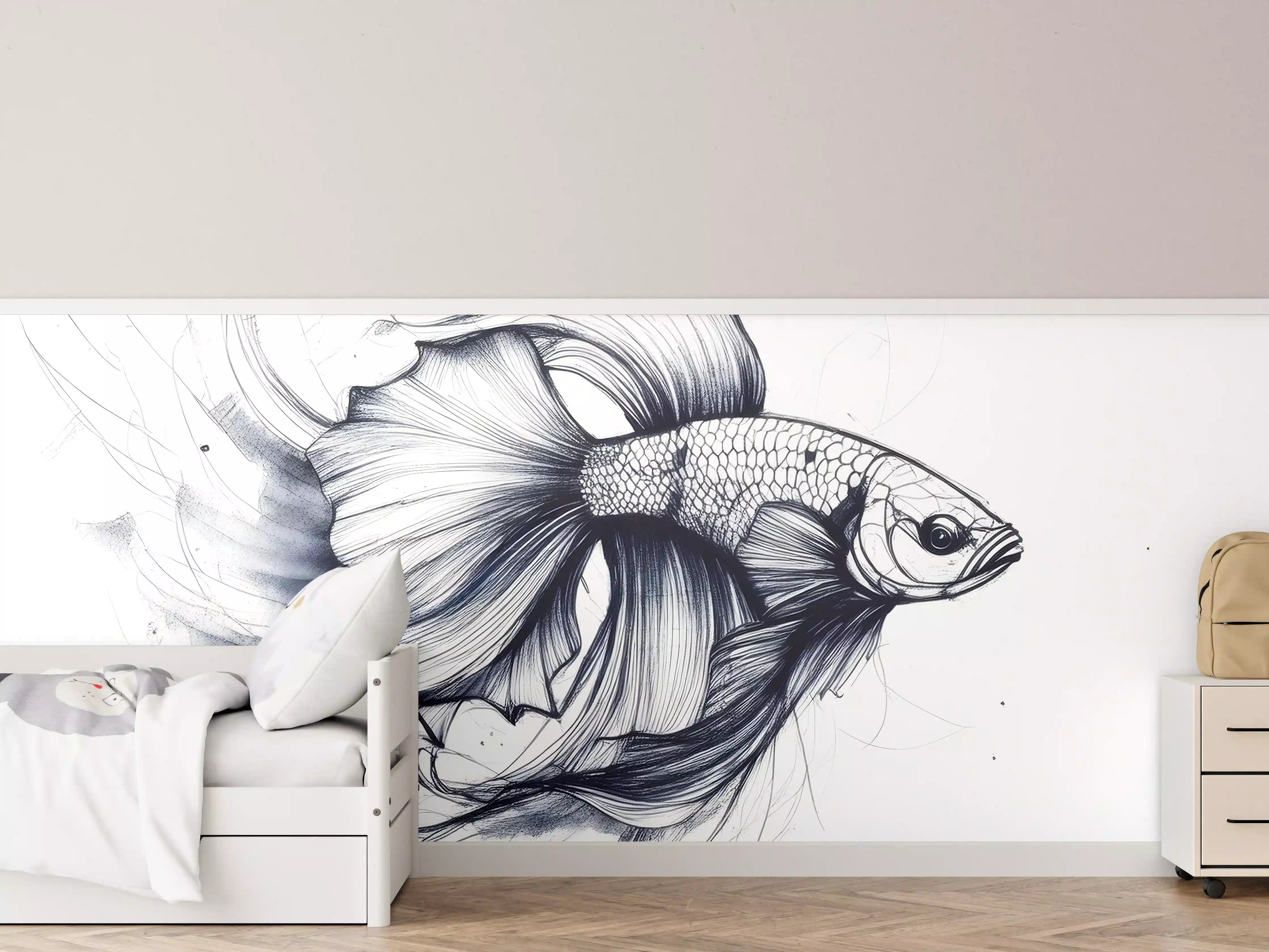 Kinderzimmer Wandgestaltung - Weiß-Grau Betta-Fisch Illustration