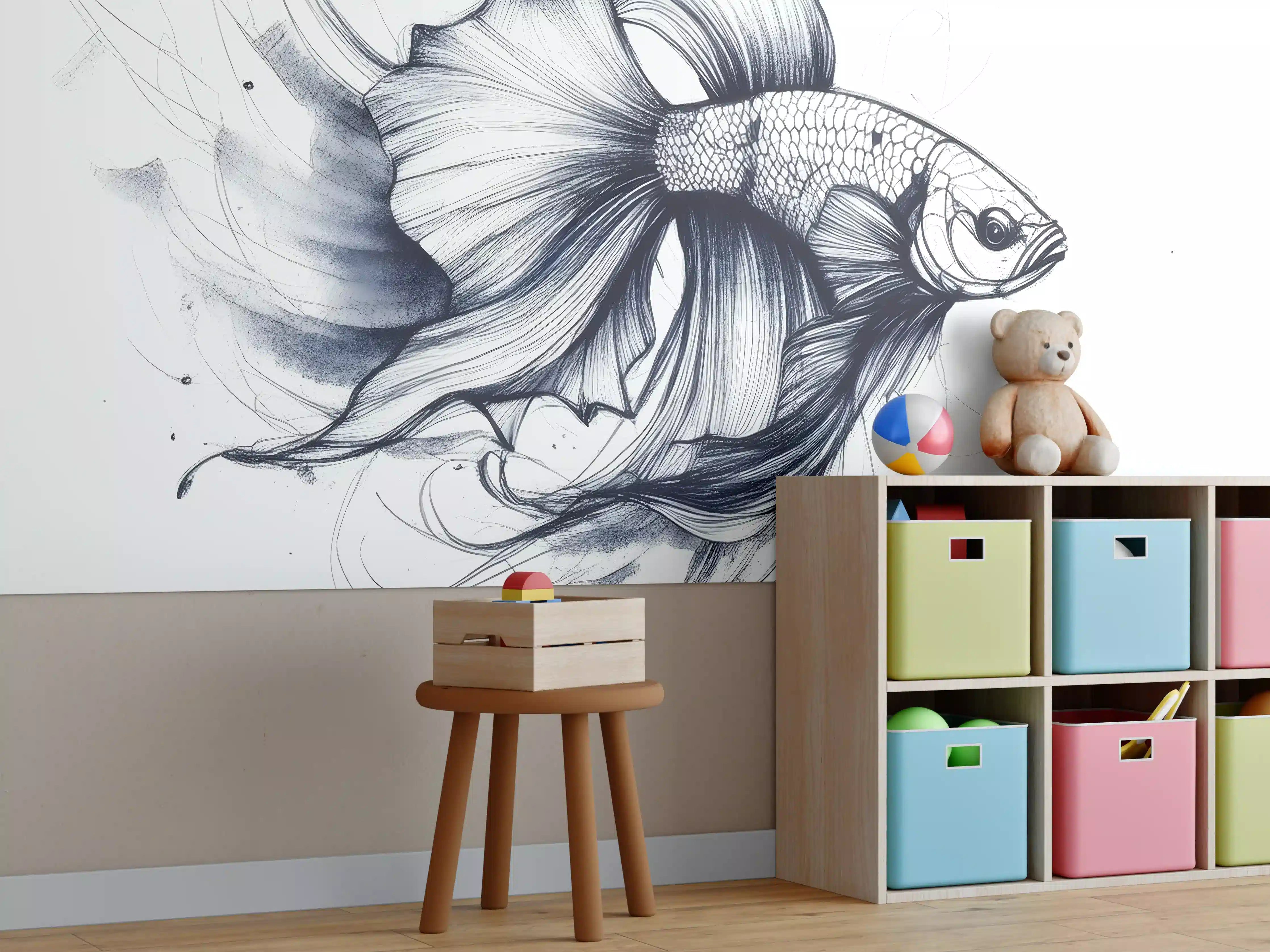 Kinderzimmer Wandgestaltung - Weiß-Grau Betta-Fisch Illustration