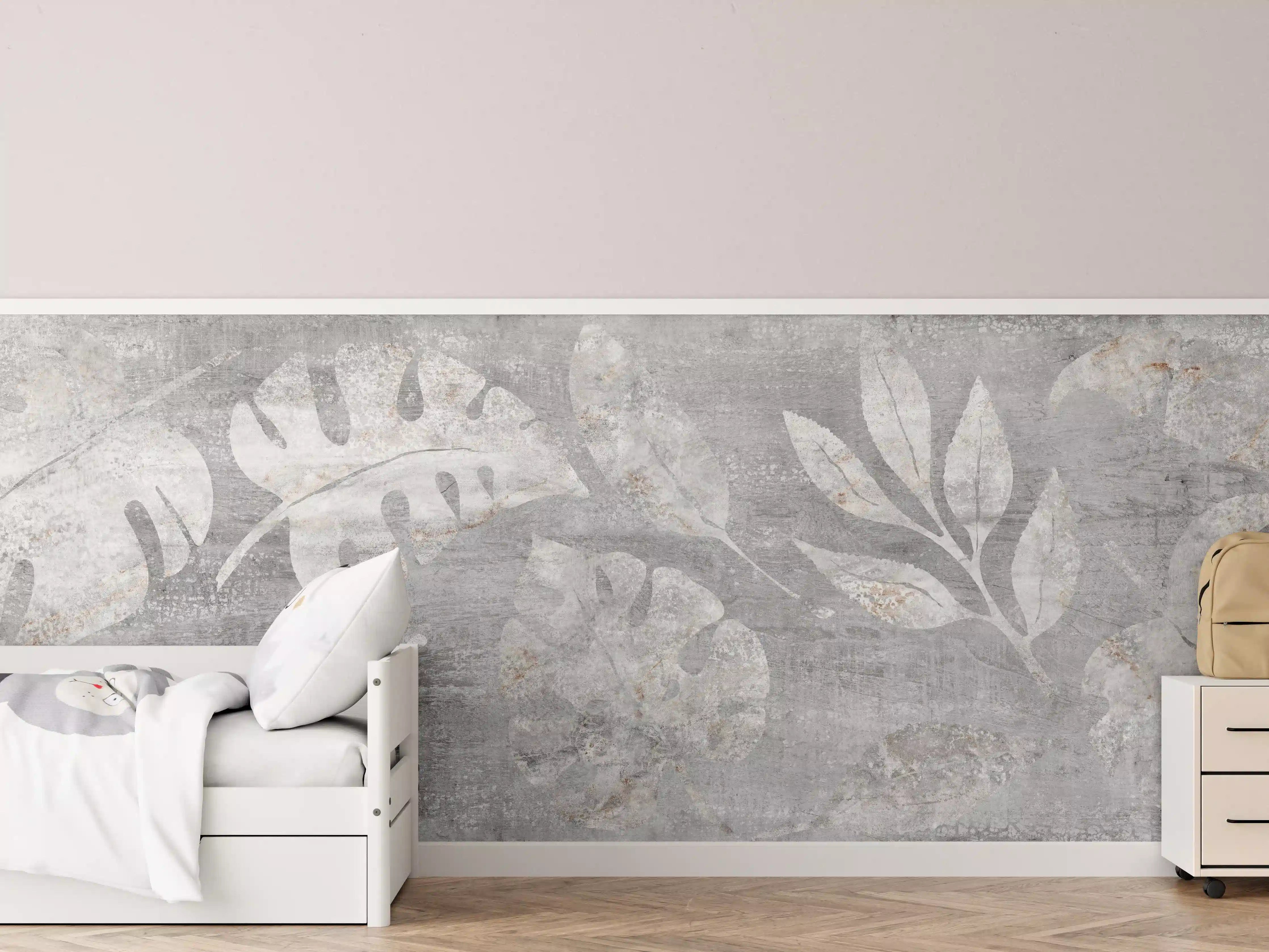 Kinderzimmer Wandgestaltung - Weiß-Grau Blattmuster Struktur