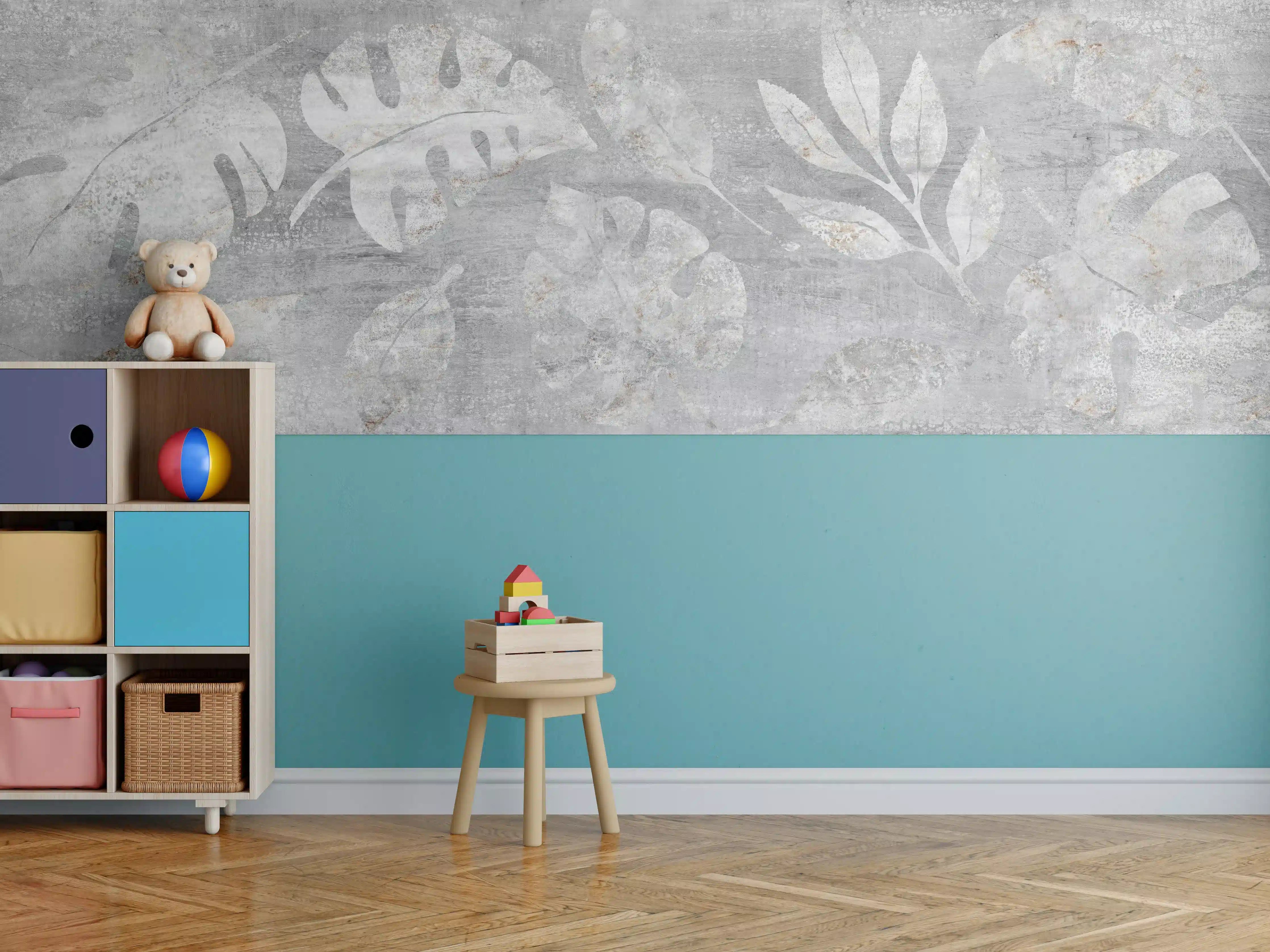 Kinderzimmer Wandgestaltung - Weiß-Grau Blattmuster Struktur