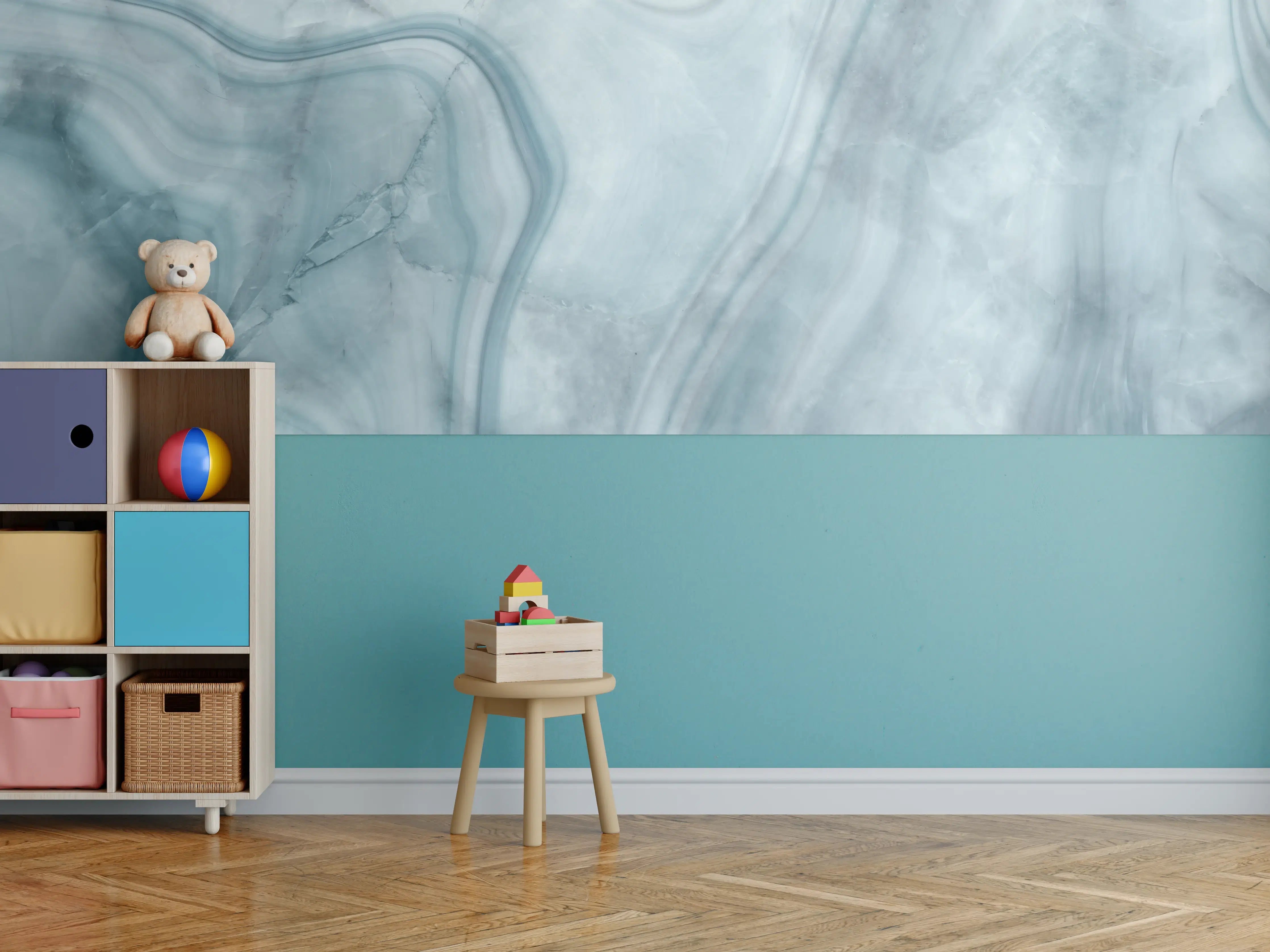 Kinderzimmer Wandgestaltung - Weiß-Grau-Blauer Marmor