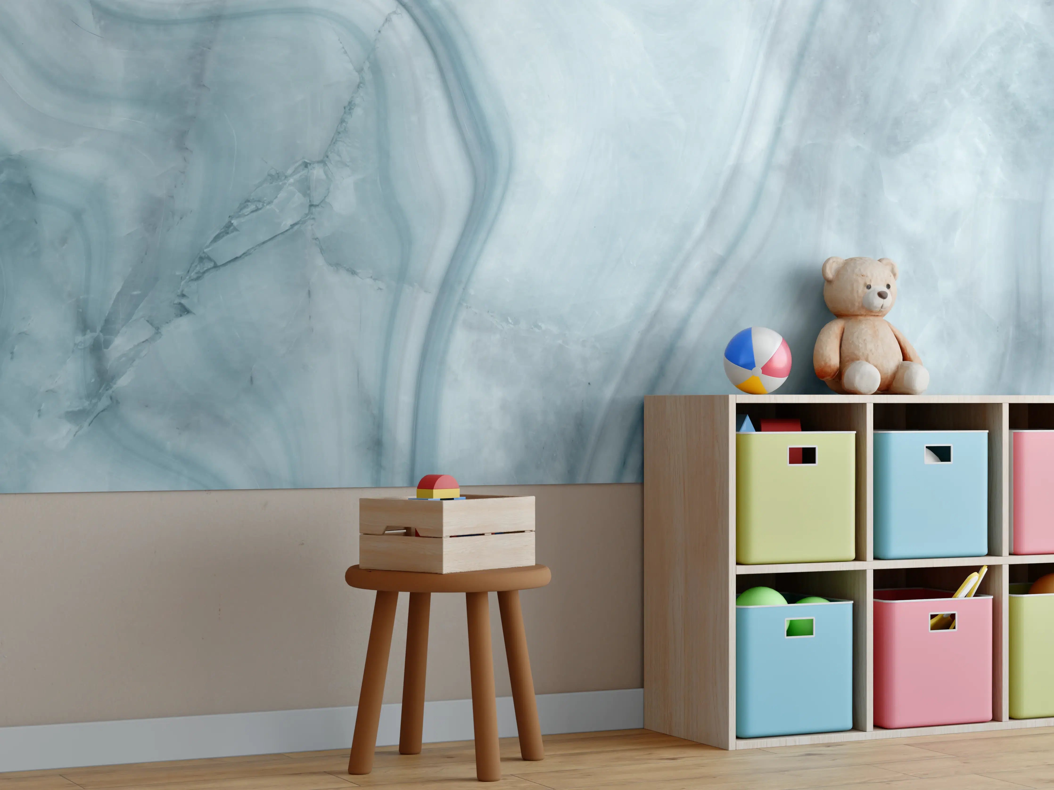 Kinderzimmer Wandgestaltung - Weiß-Grau-Blauer Marmor