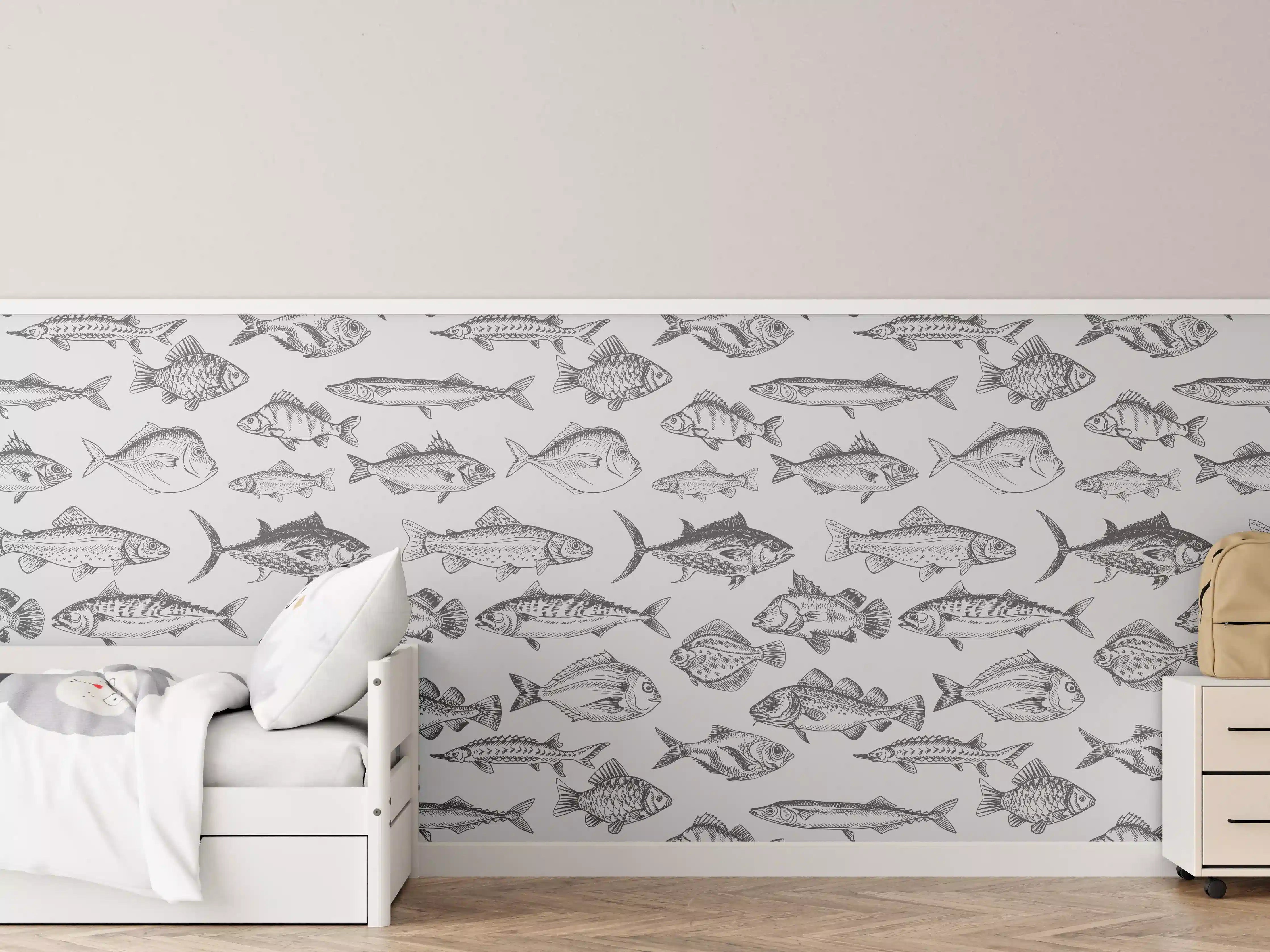 Kinderzimmer Wandgestaltung - Weiß-Grau Fischmuster