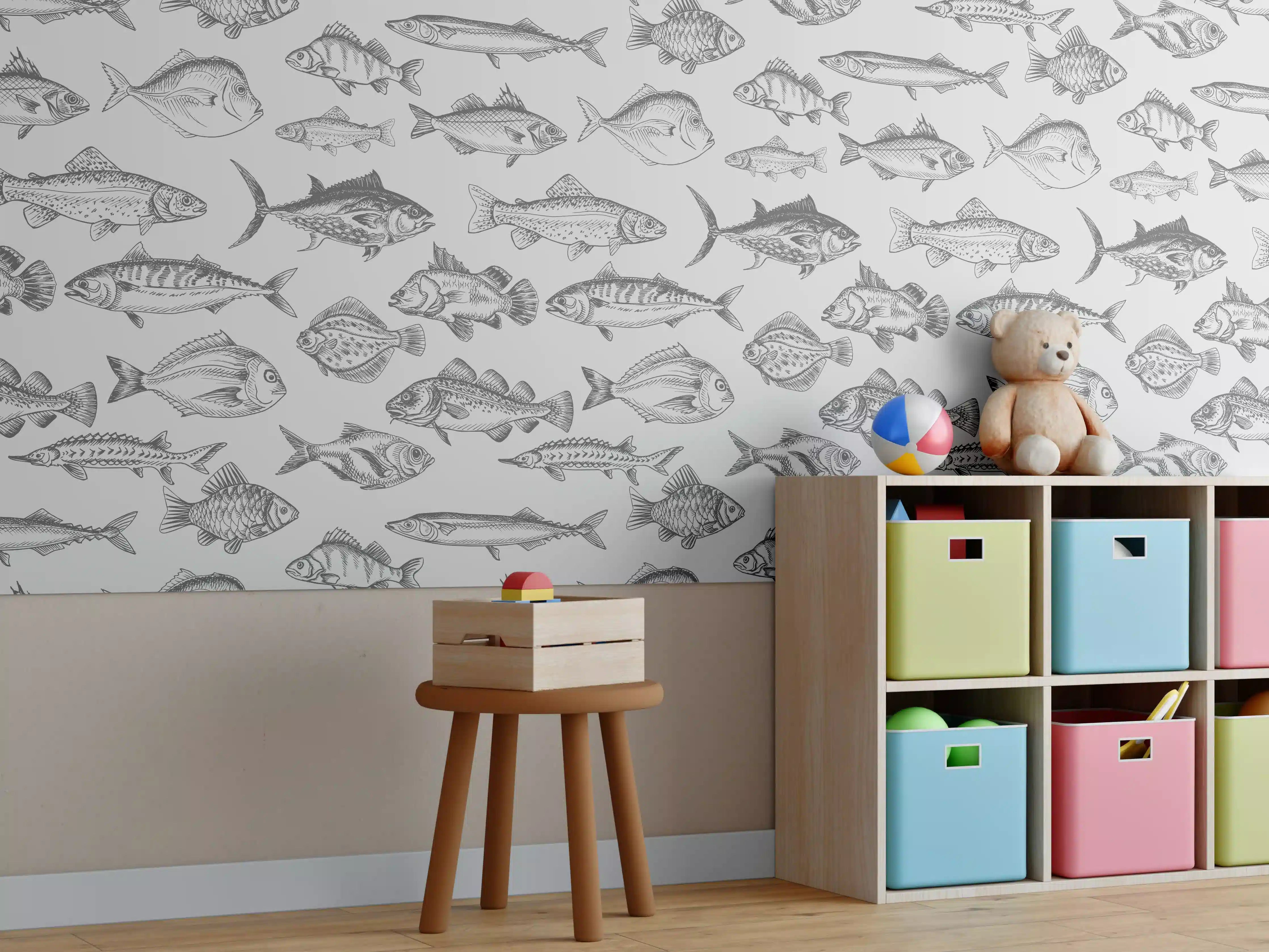 Kinderzimmer Wandgestaltung - Weiß-Grau Fischmuster