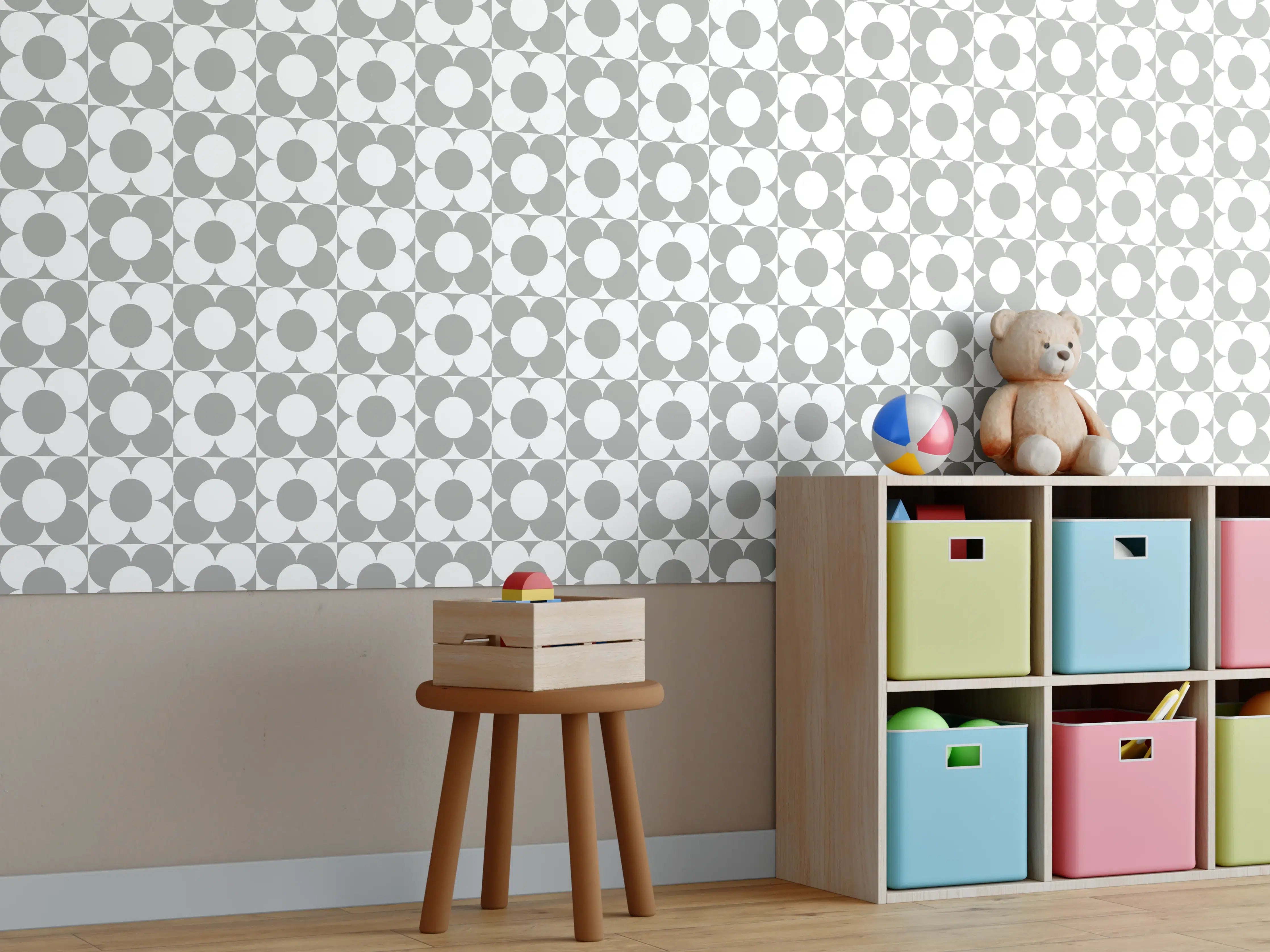 Kinderzimmer Wandgestaltung - Weiß-Grau-Musterfliese mit feinen Graunuancen