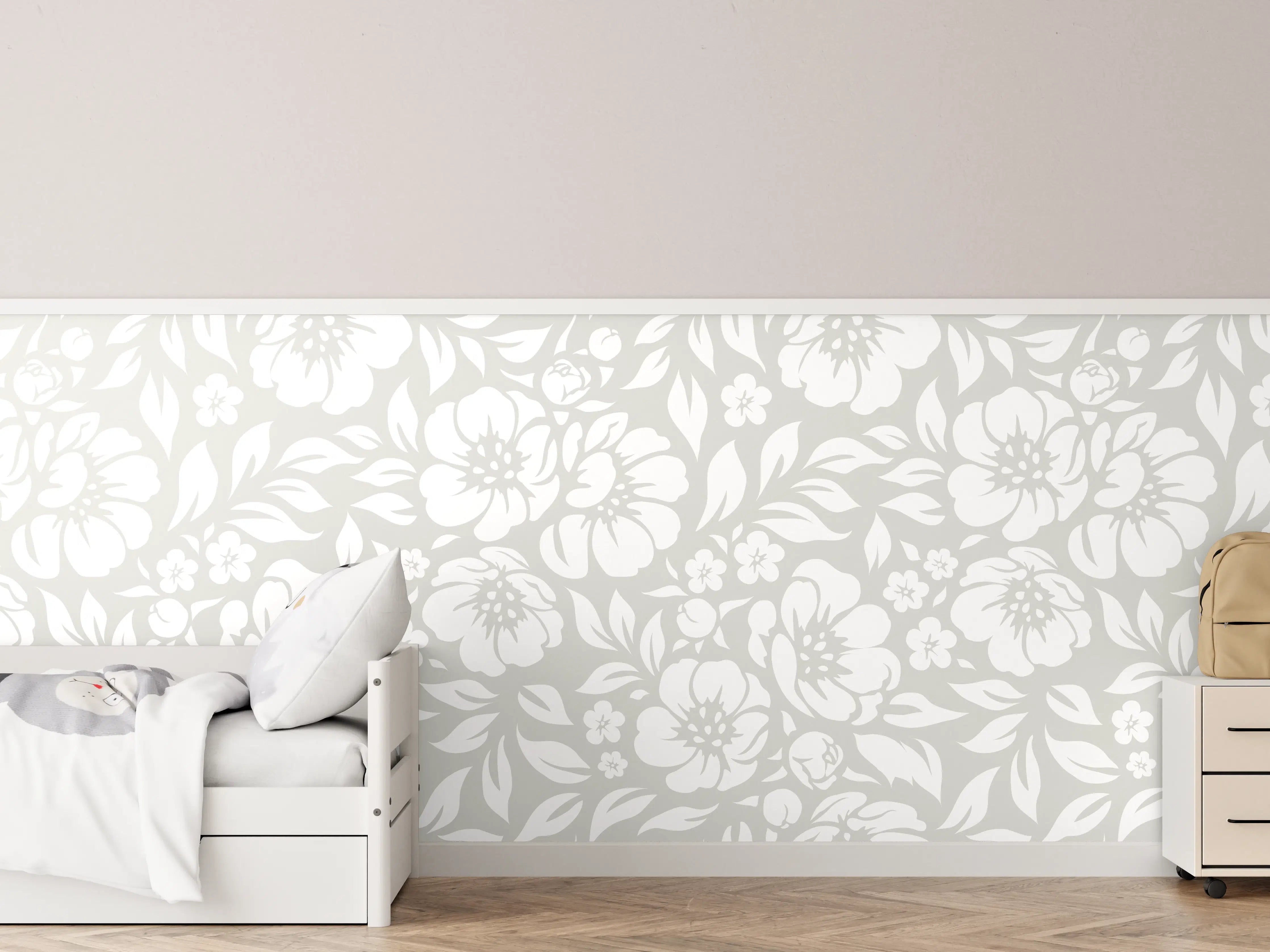 Kinderzimmer Wandgestaltung - Weiß-Grau florale Muster