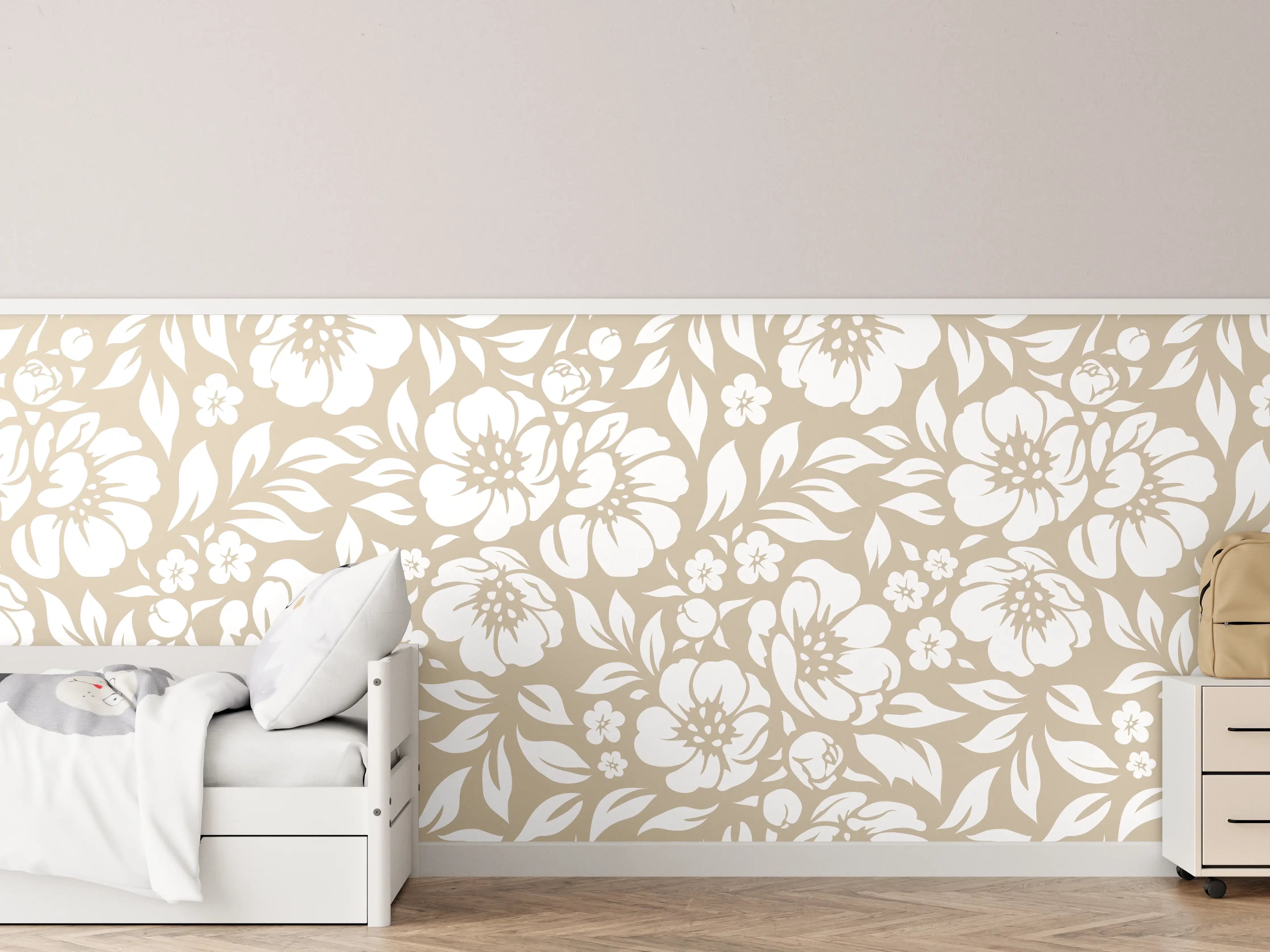 Kinderzimmer Wandgestaltung - Weiß-Grau-florale Tapete