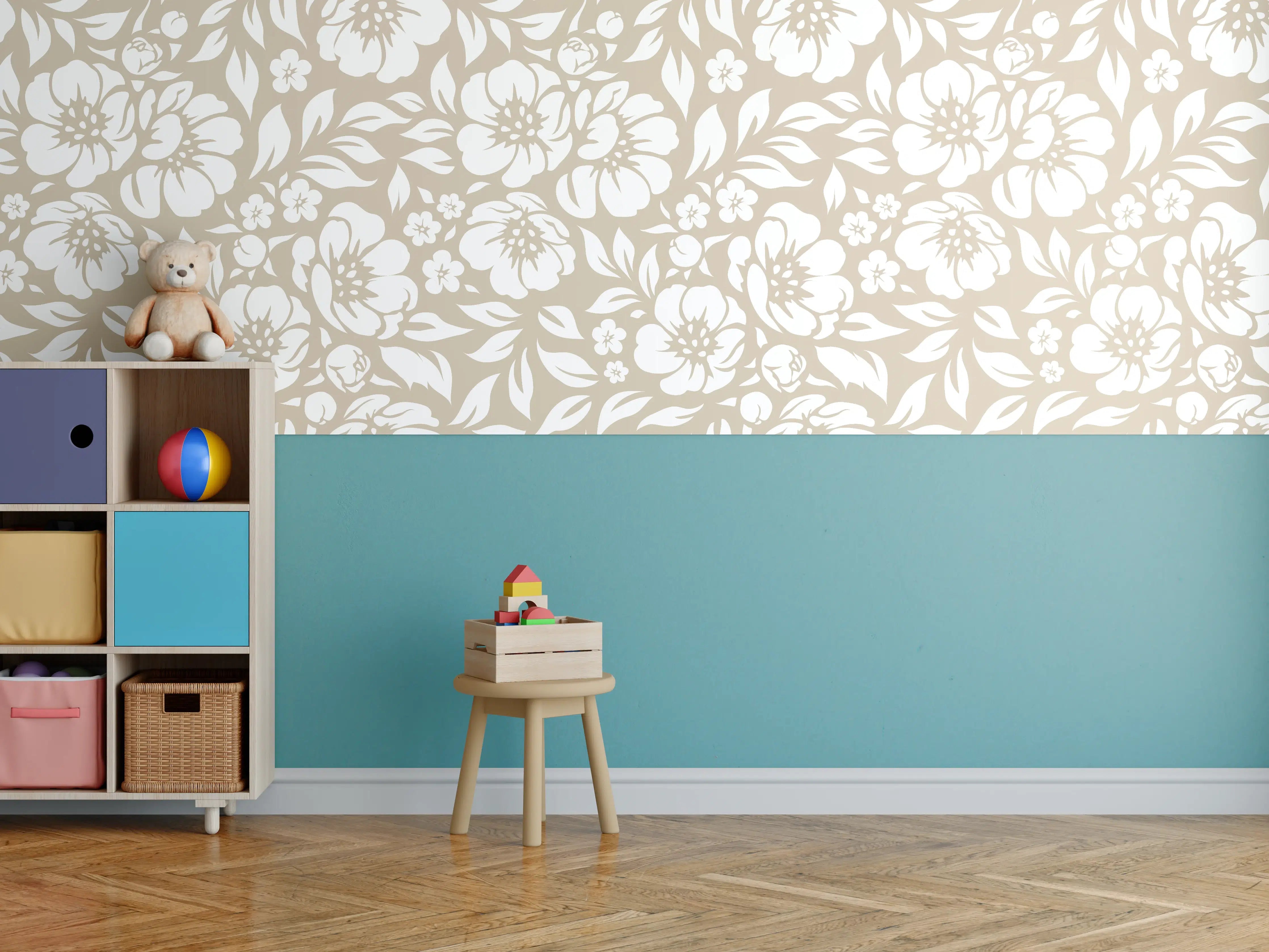 Kinderzimmer Wandgestaltung - Weiß-Grau-florale Tapete