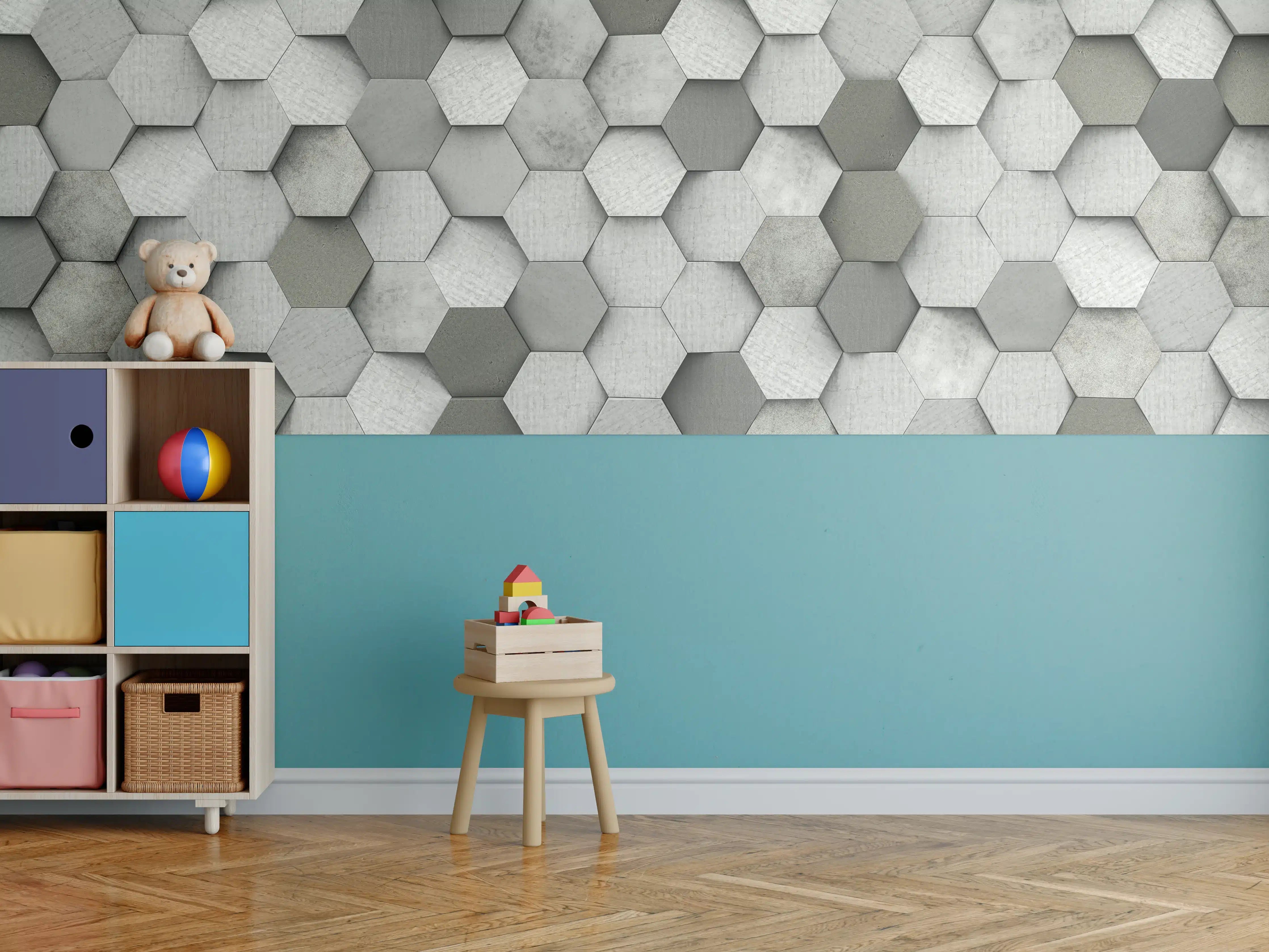 Kinderzimmer Wandgestaltung - Weiß-Graue Hexagon Struktur