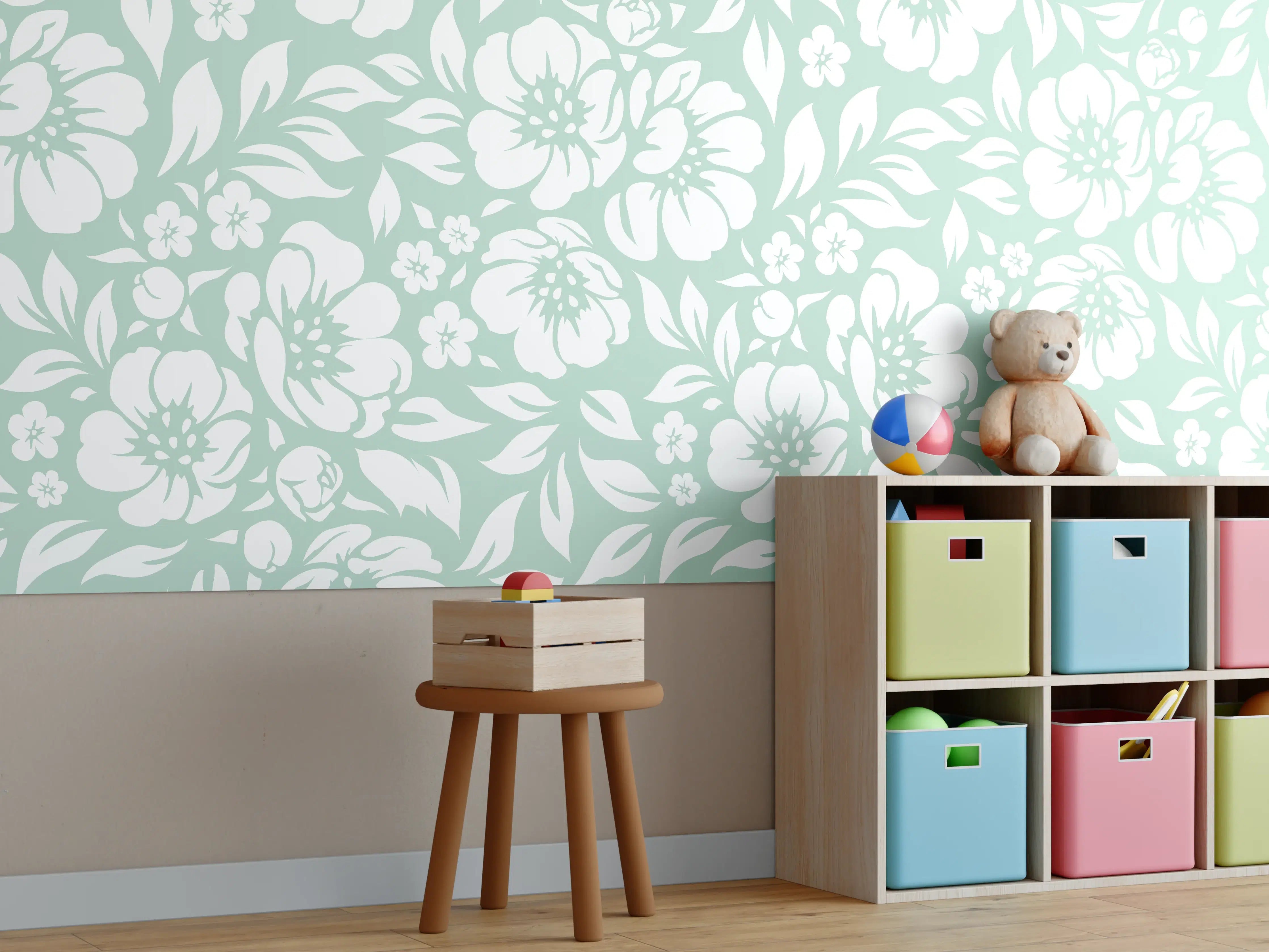 Kinderzimmer Wandgestaltung - Weiß-Graue florale Muster für elegante Räume