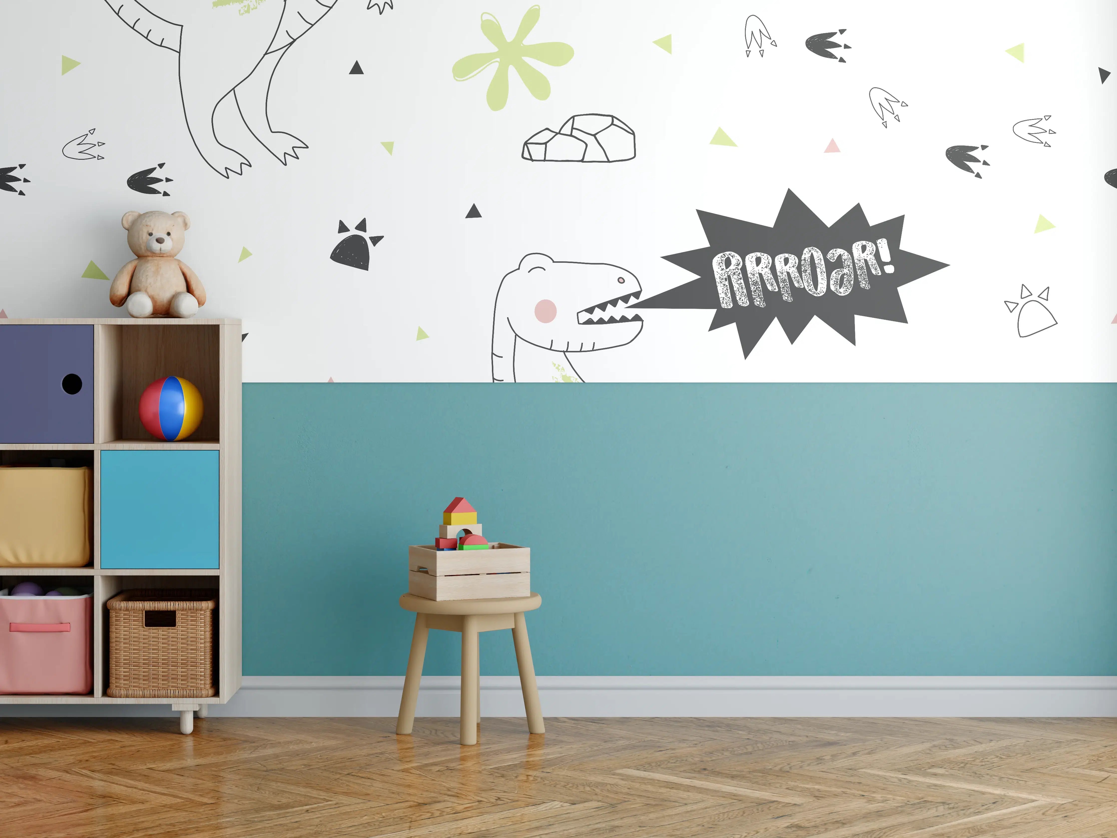 Kinderzimmer Wandgestaltung - Weiß-Grünes Dinosaurier-Muster