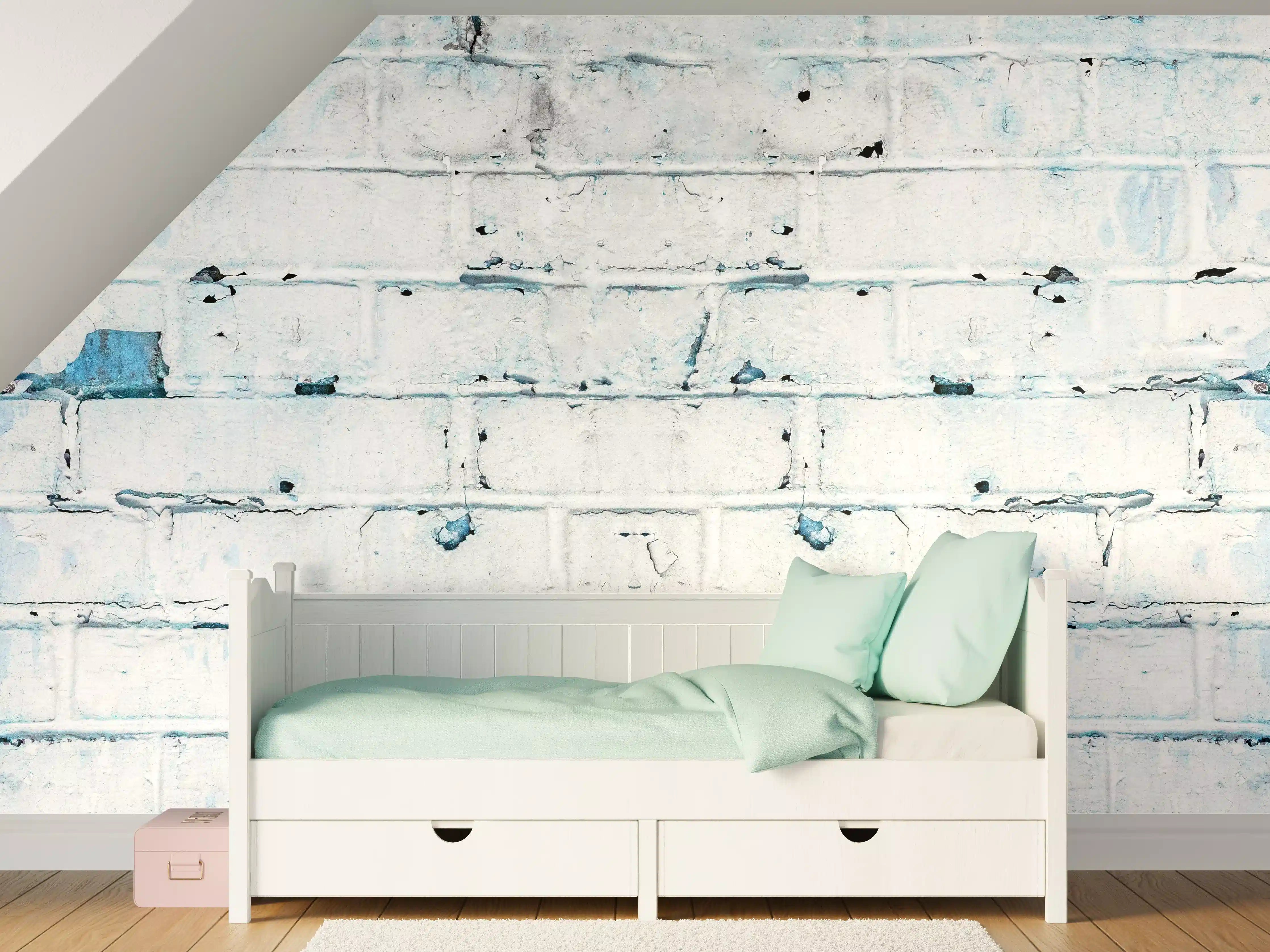 Kinderzimmer Wandgestaltung - Weiß blau beschädigte Backsteinmauer