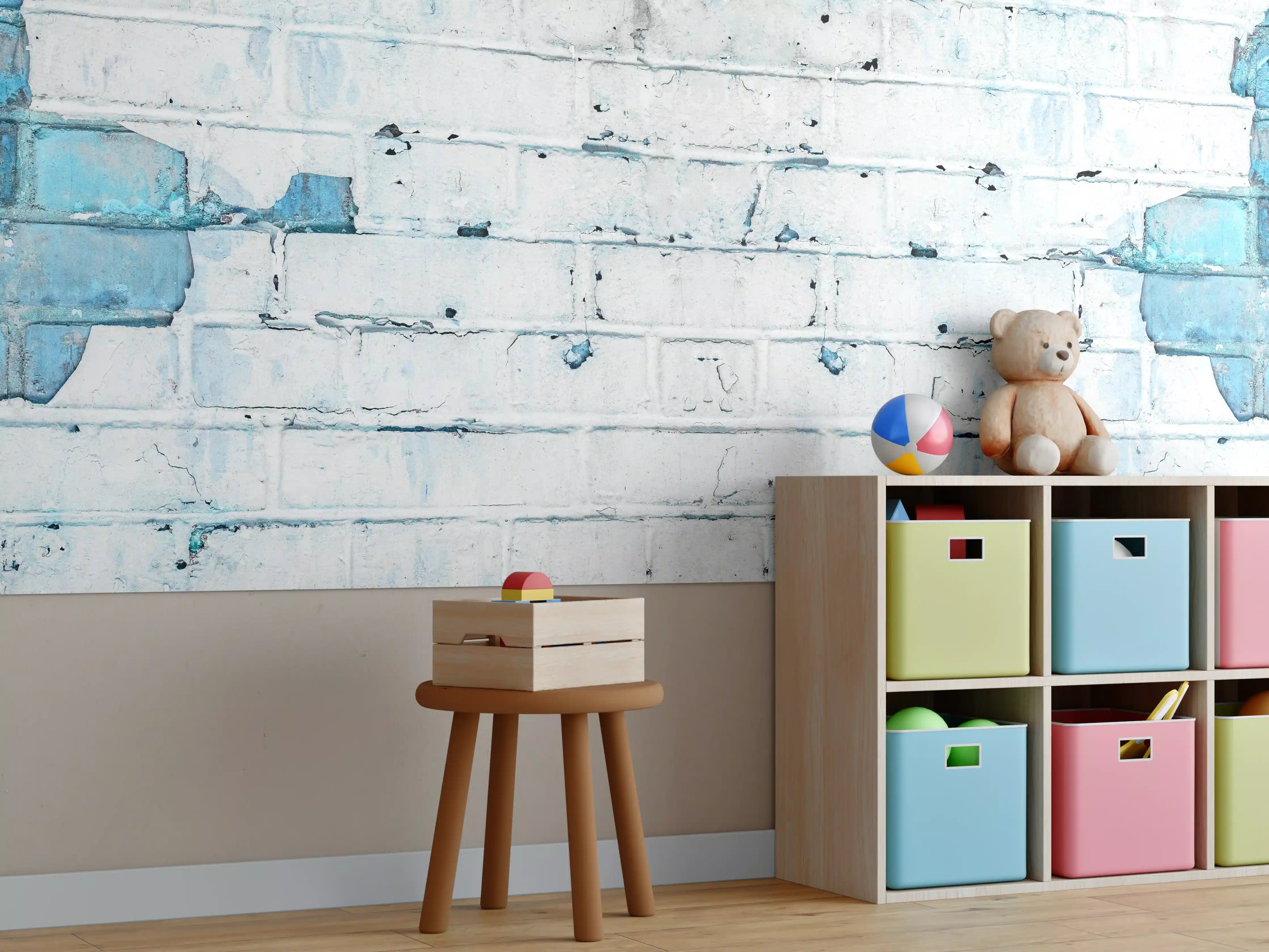 Kinderzimmer Wandgestaltung - Weiß blau beschädigte Backsteinmauer