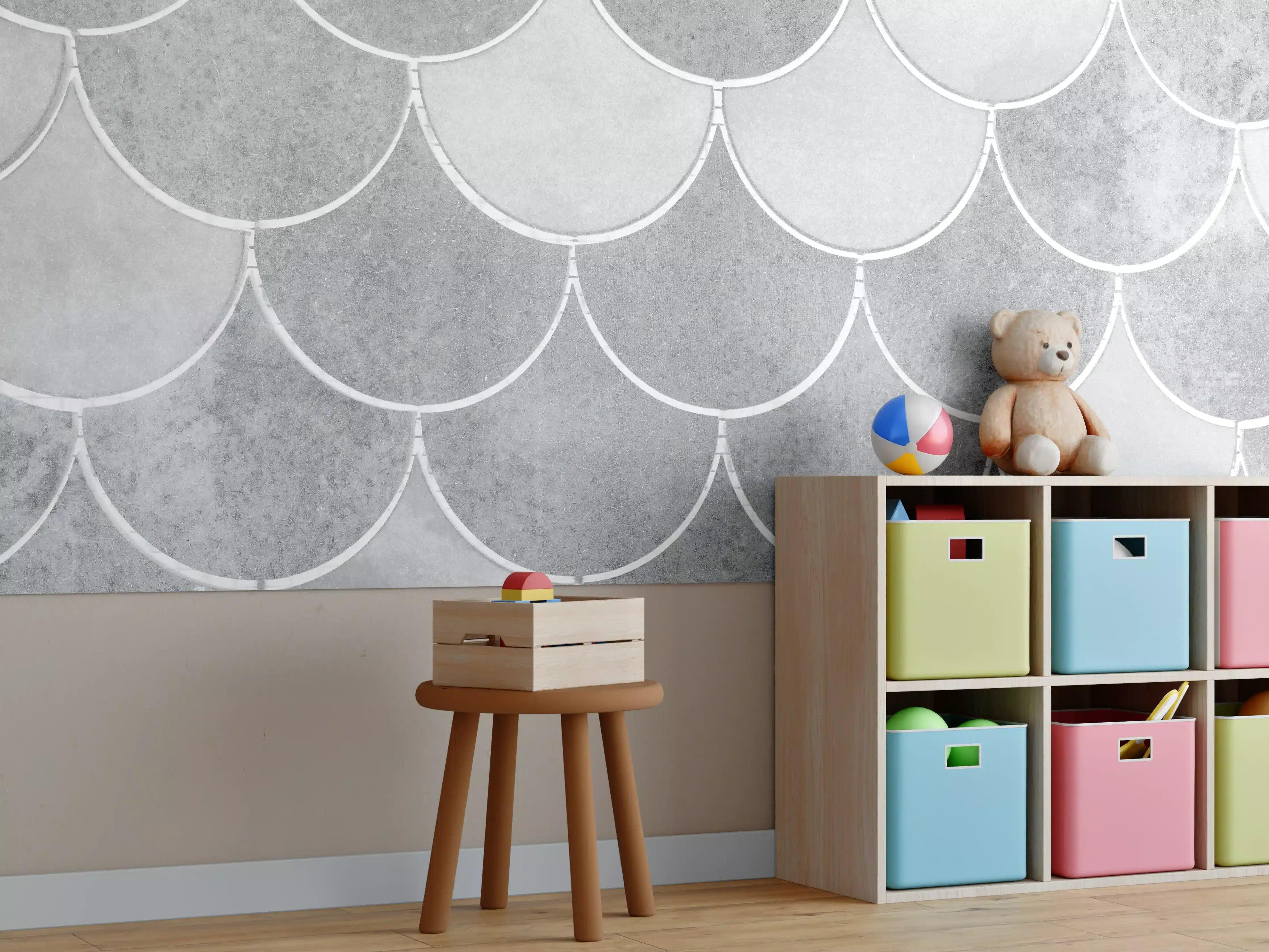 Kinderzimmer Wandgestaltung - Weiß-graue Fischschuppen Fliesen