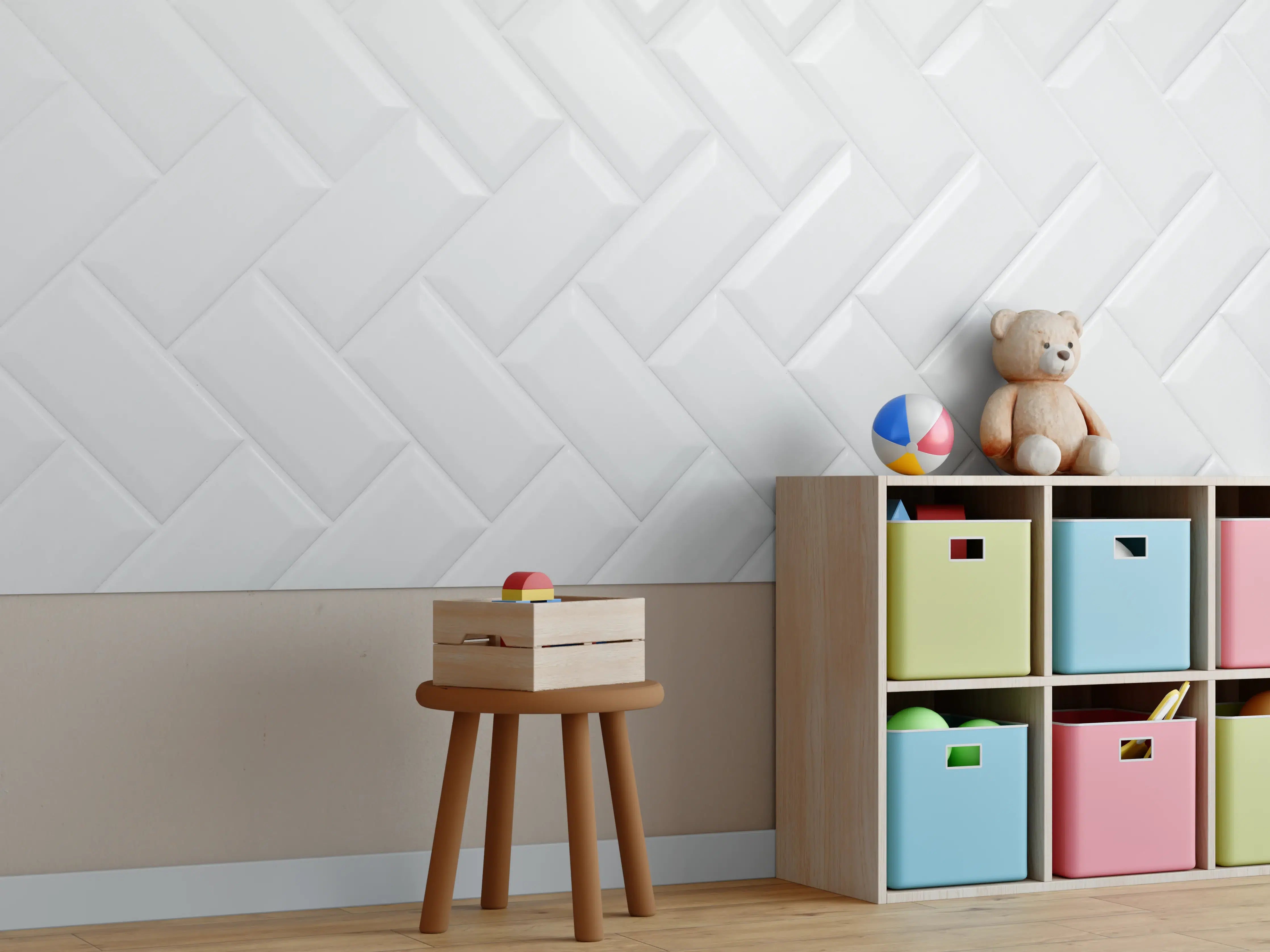 Kinderzimmer Wandgestaltung - Weiß, gräuliche Keramikfliesen