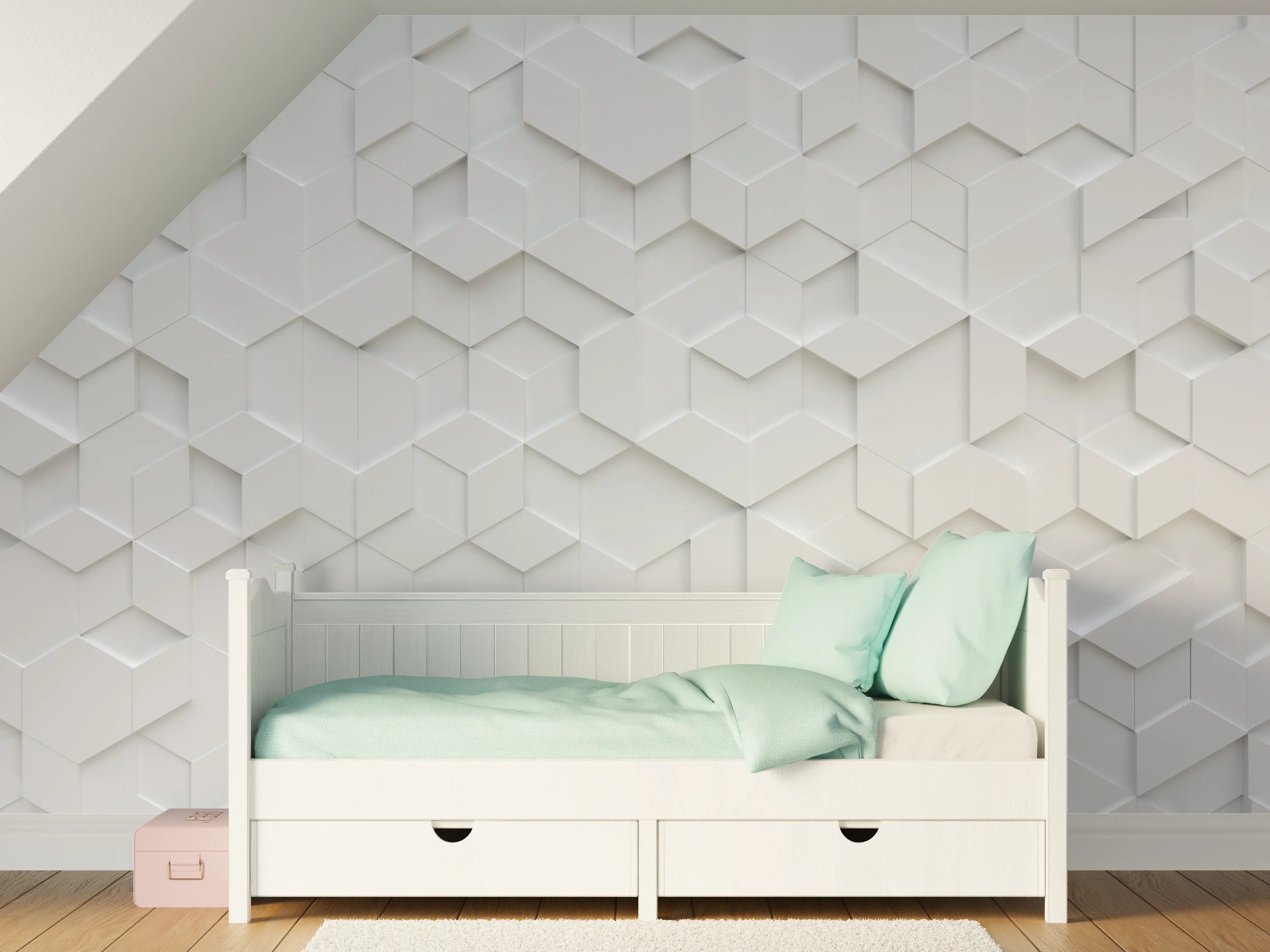 Kinderzimmer Wandgestaltung - Weiße 3D-Wandpaneele mit geometrischem Design