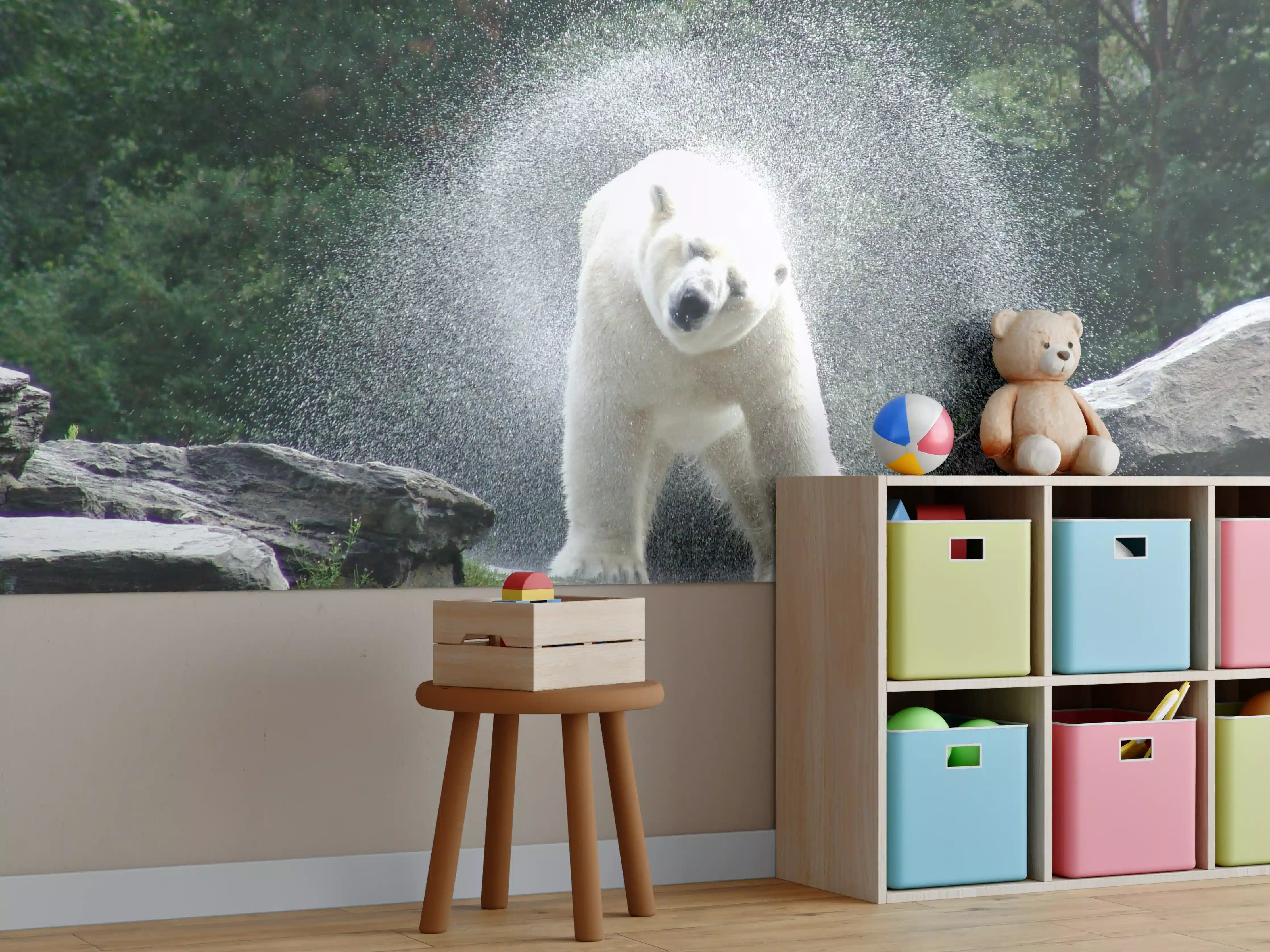 Kinderzimmer Wandgestaltung - Weiße Bären im Wasser mit Gestein und Wald im Hintergrund