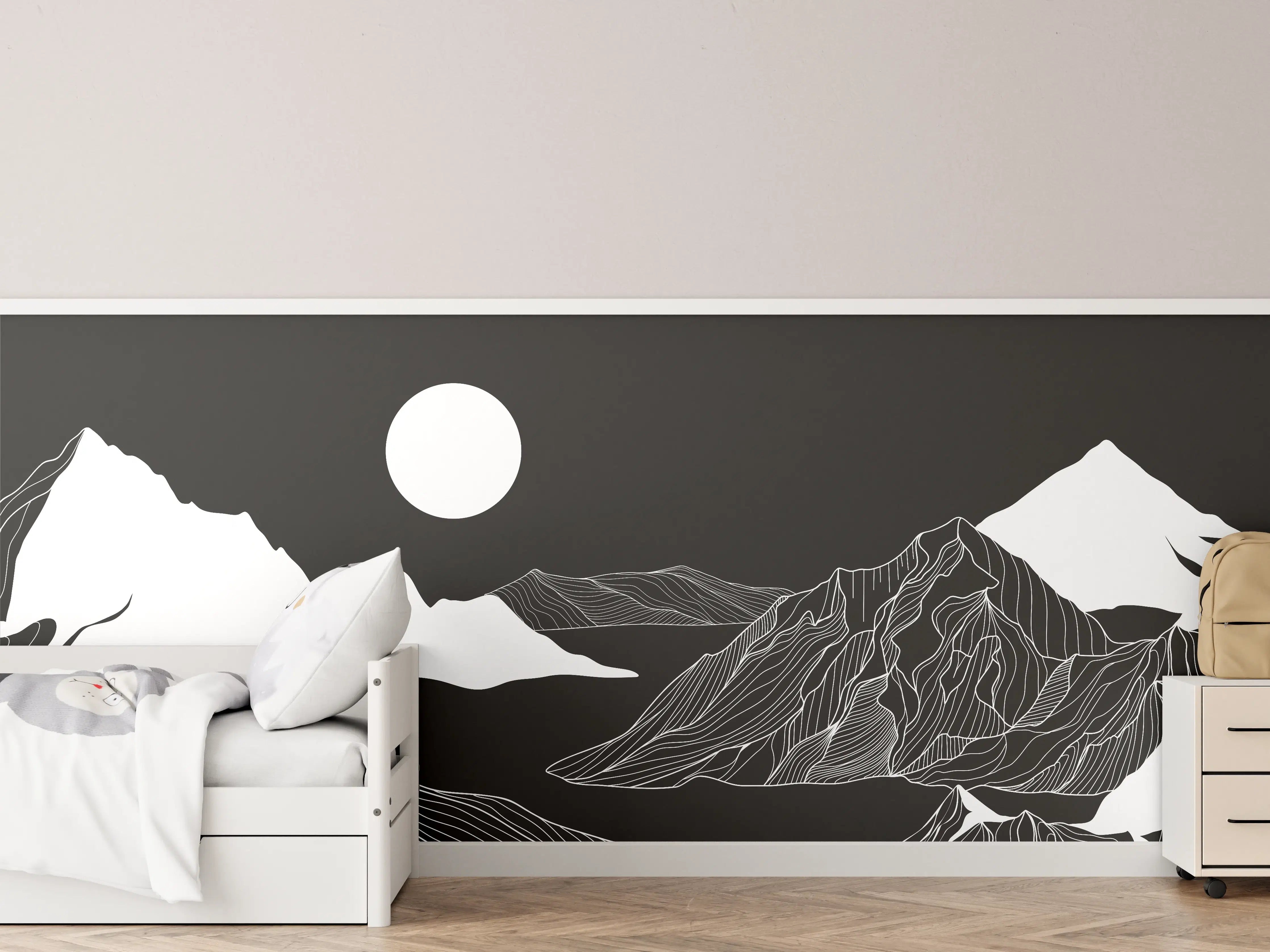 Kinderzimmer Wandgestaltung - Weiße Berglandschaft mit Vollmond