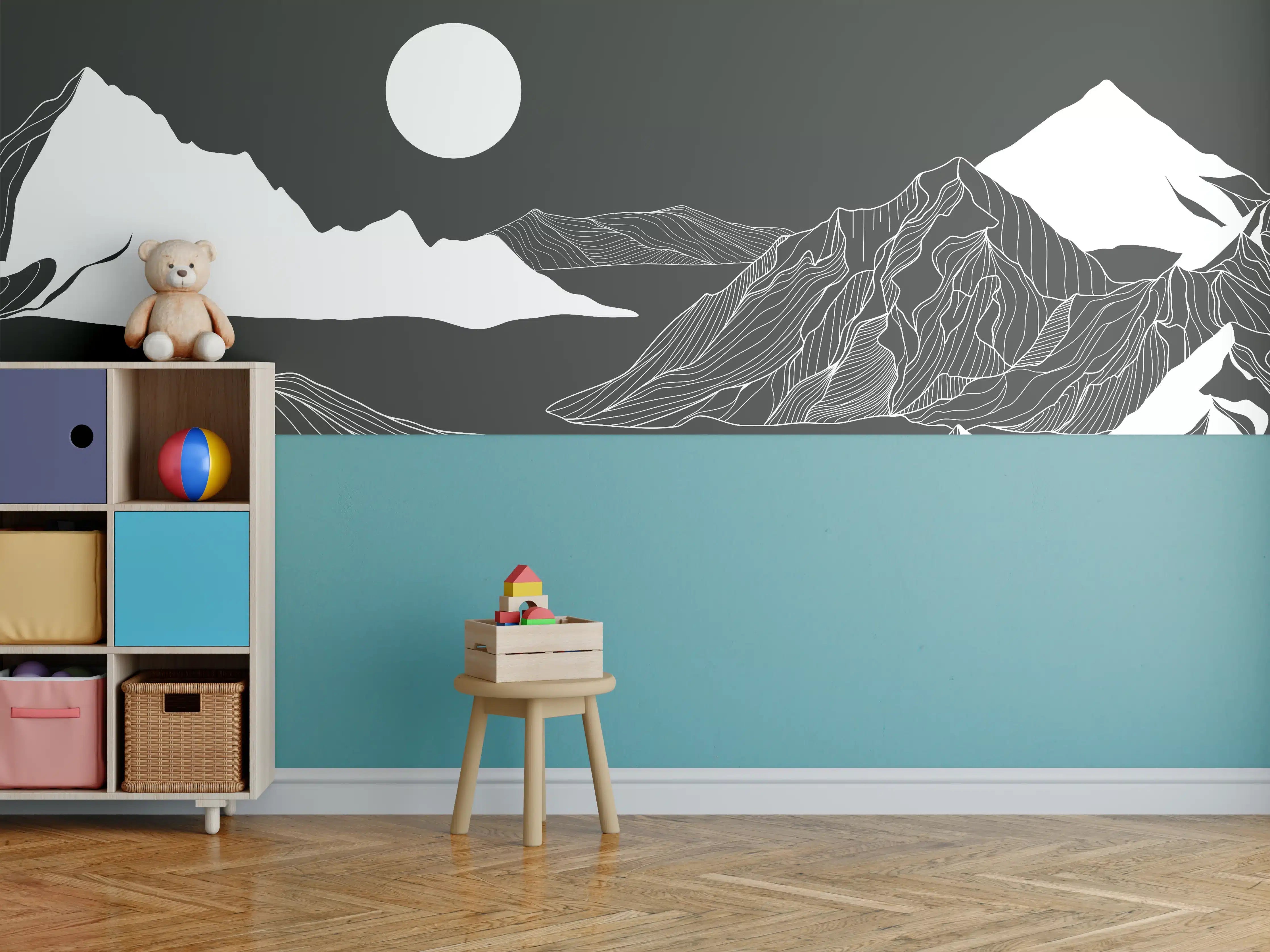 Kinderzimmer Wandgestaltung - Weiße Berglandschaft mit Vollmond