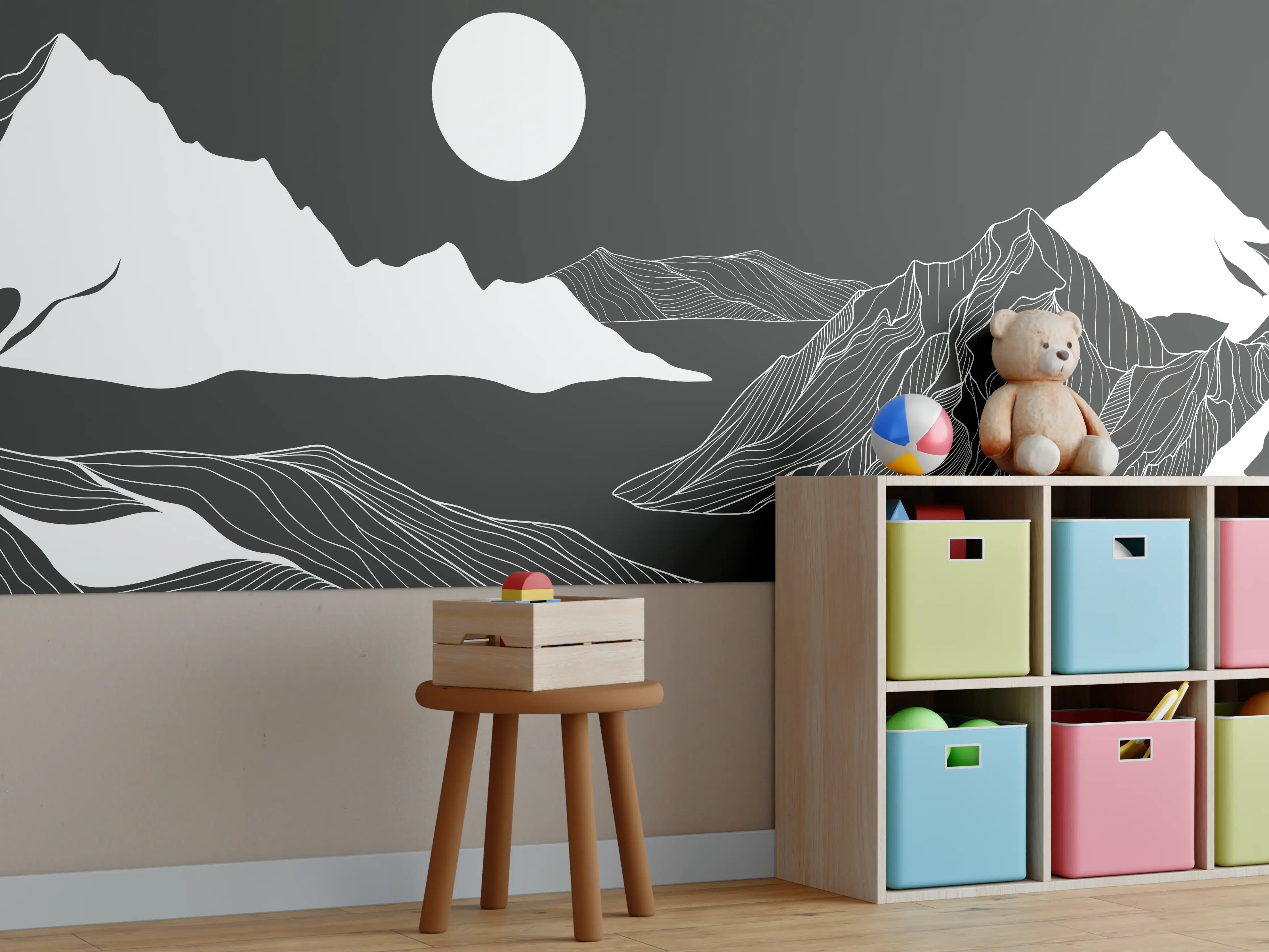 Kinderzimmer Wandgestaltung - Weiße Berglandschaft mit Vollmond