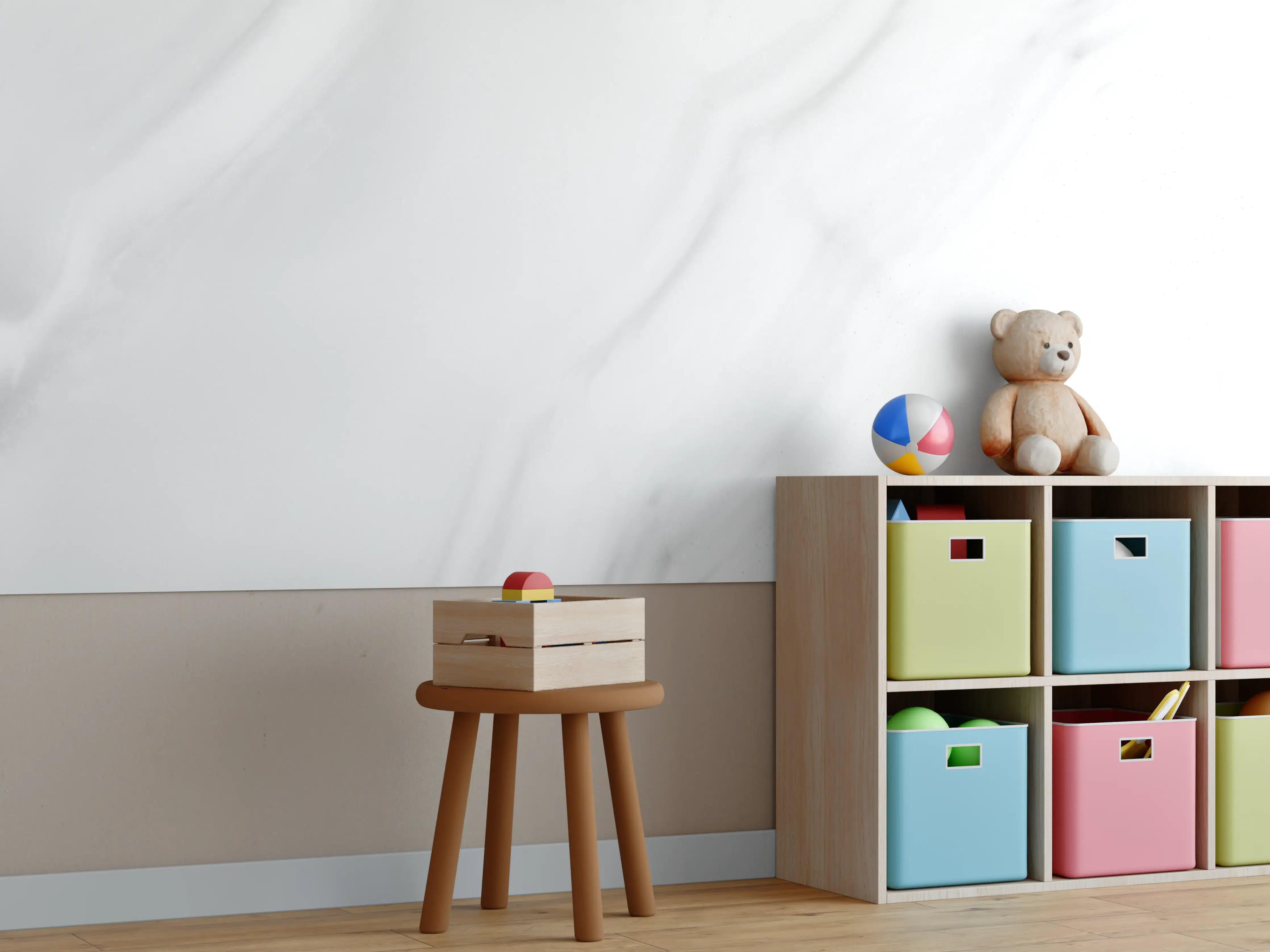Kinderzimmer Wandgestaltung - Weiße Betontapete mit grauer Marmorstruktur