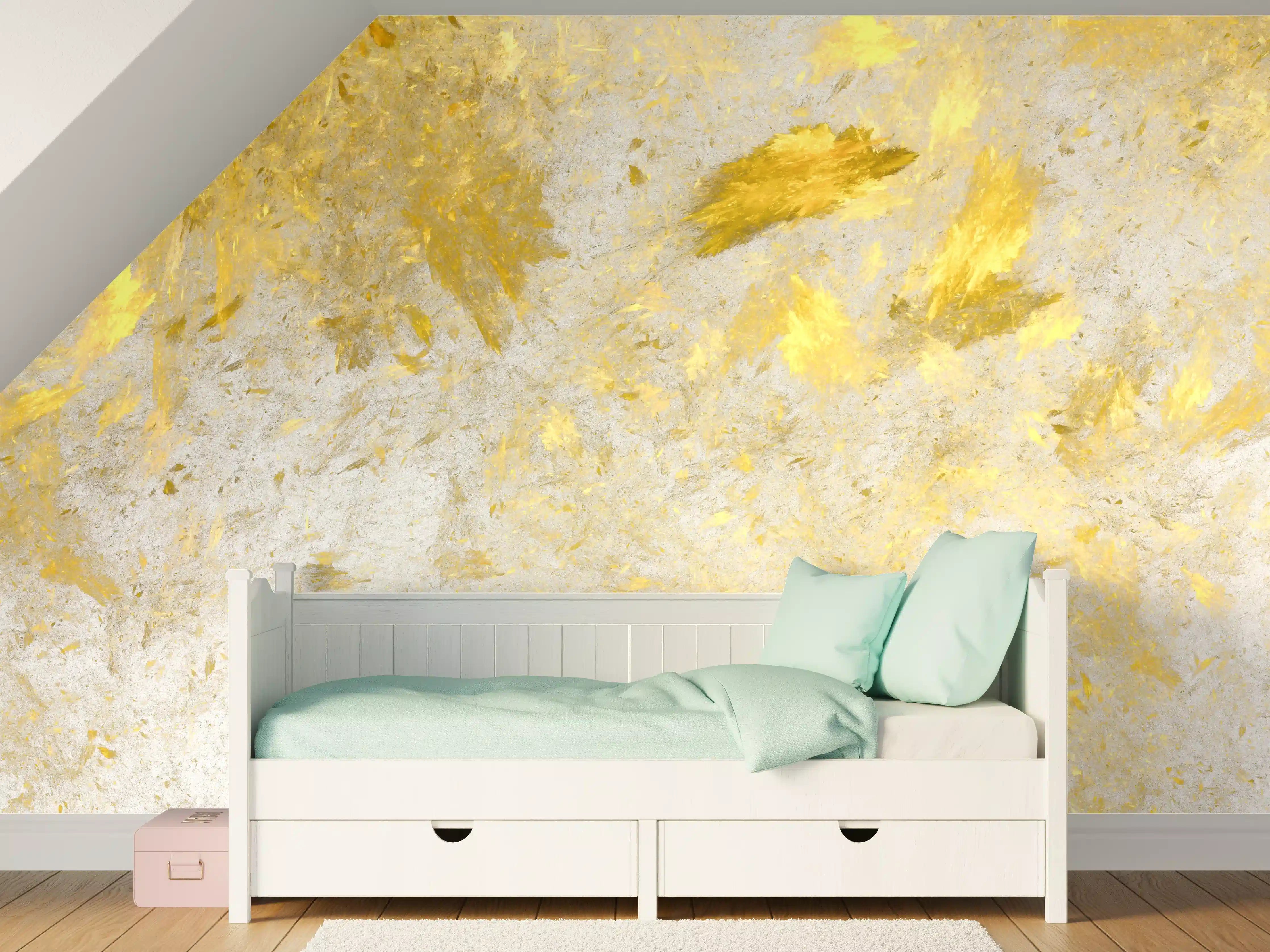 Kinderzimmer Wandgestaltung - Weiße Betonwand mit goldener Akzentuierung