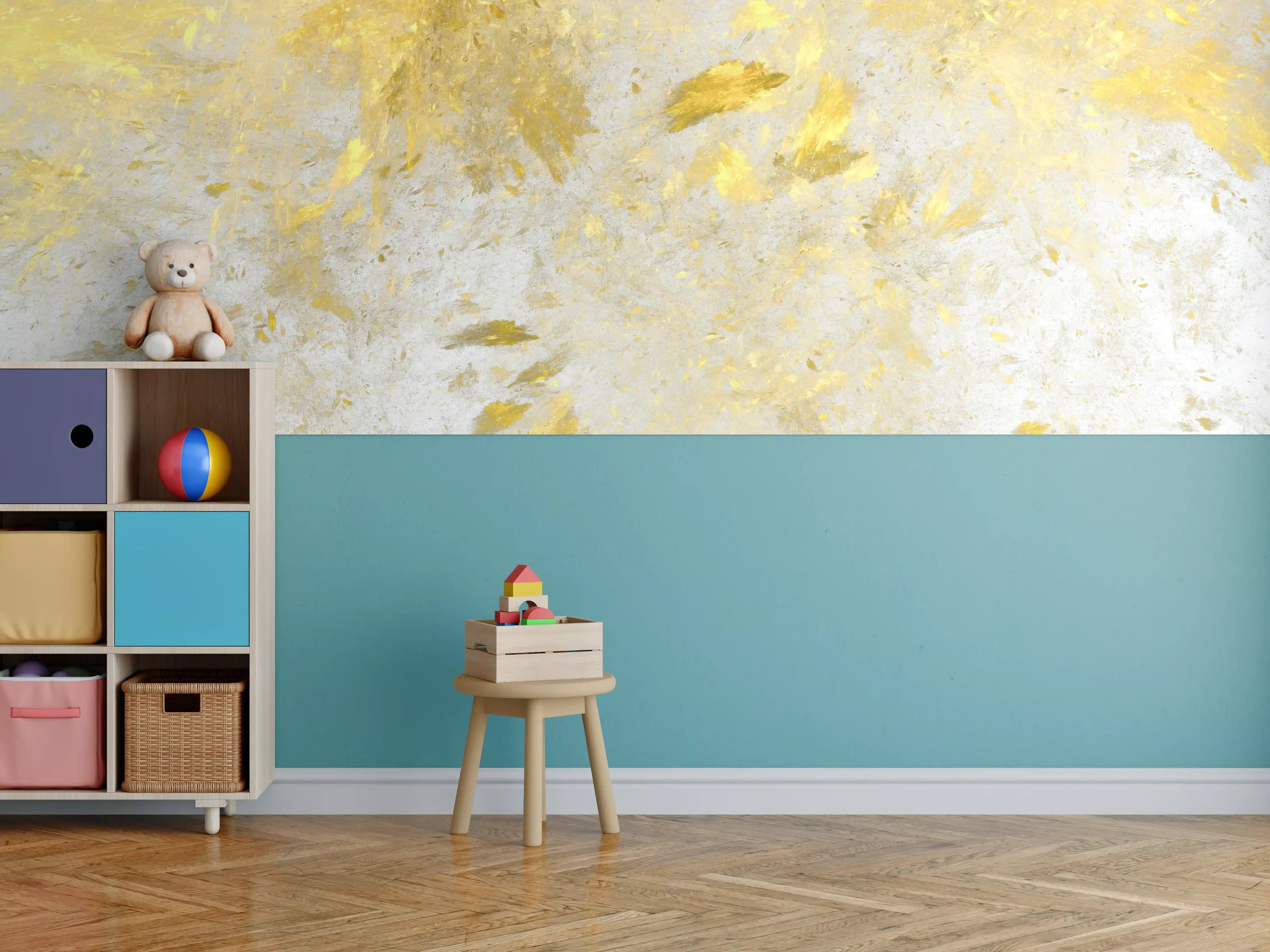 Kinderzimmer Wandgestaltung - Weiße Betonwand mit goldener Akzentuierung